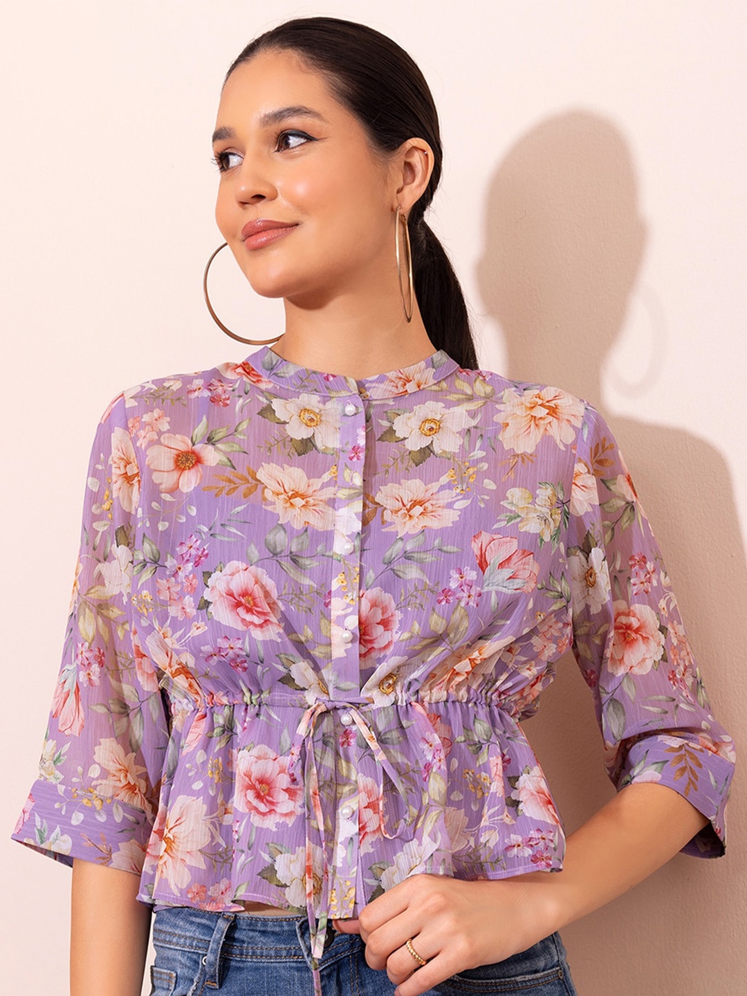 

FabAlley Floral Printed Chiffon Band Collar Cinched Waist Top, Purple