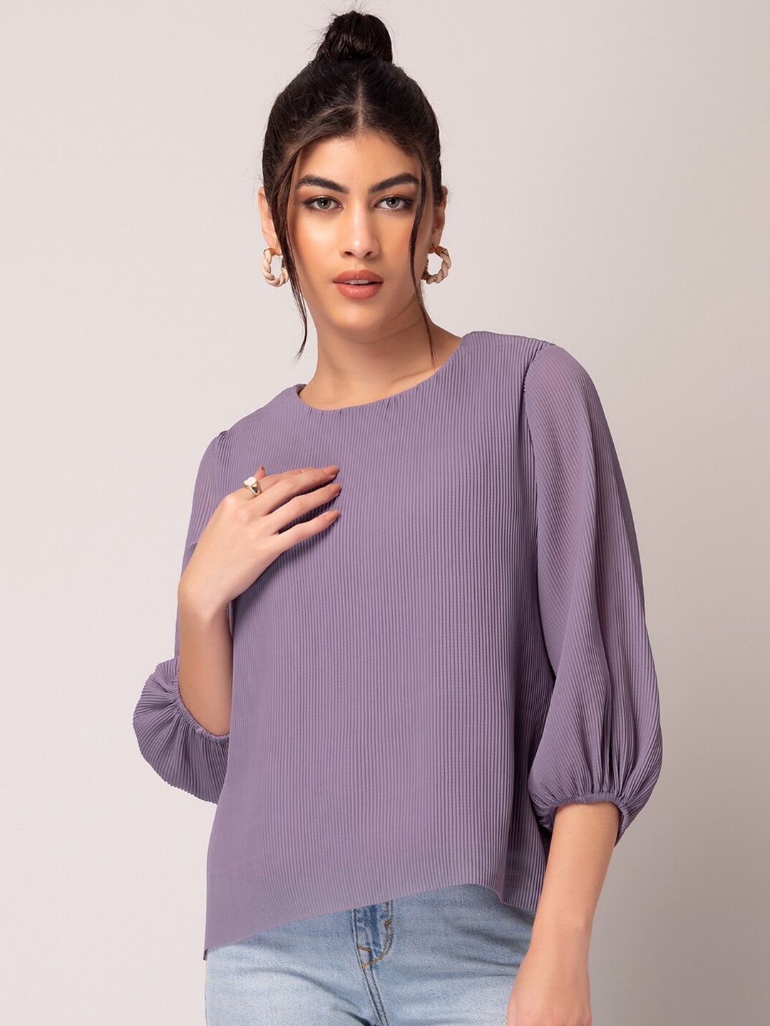 

FabAlley Round Neck Georgette Puff Sleeve Pleated Top, Purple