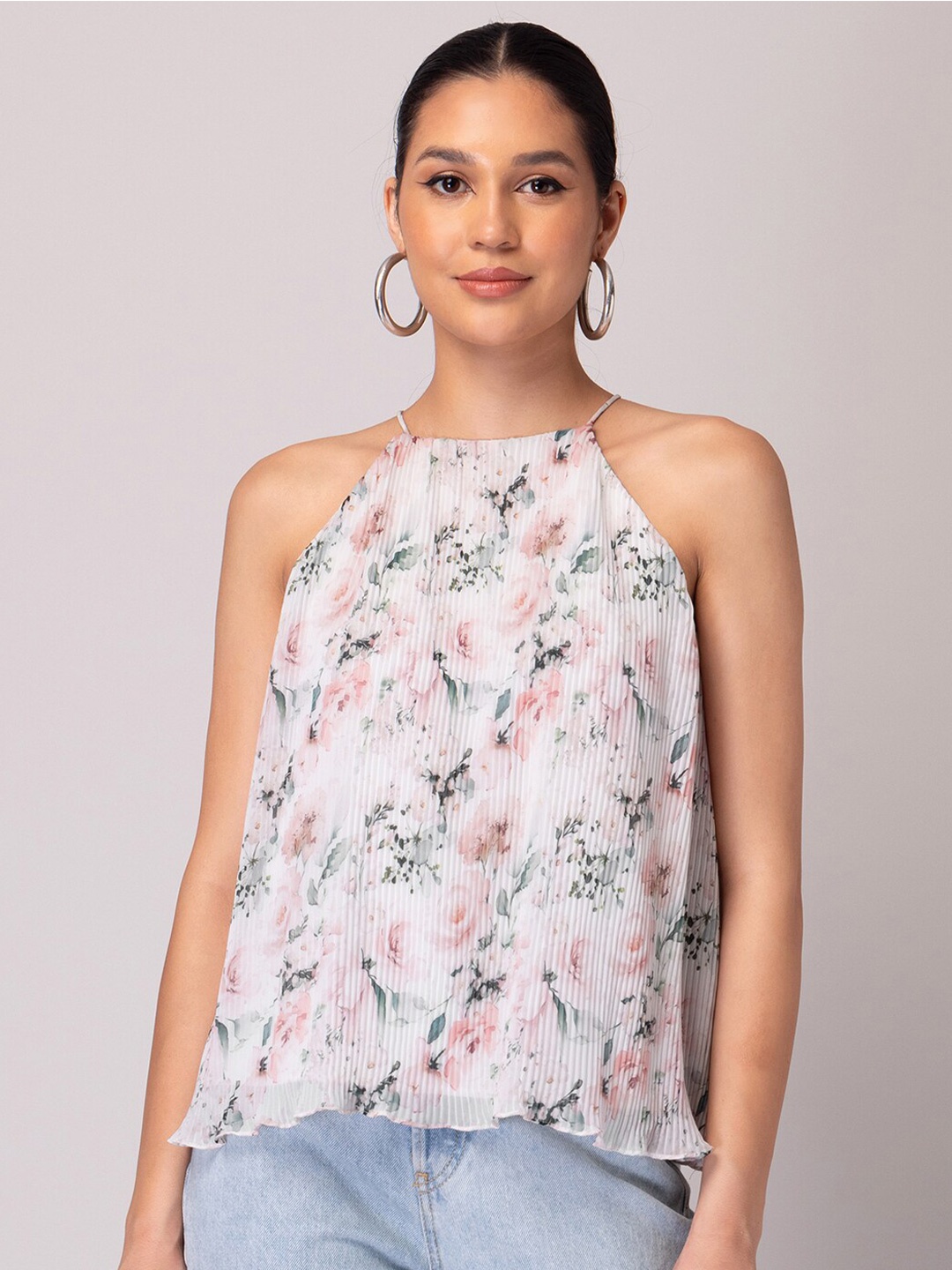 

FabAlley Floral Printed Georgette Halter Neck Top, White