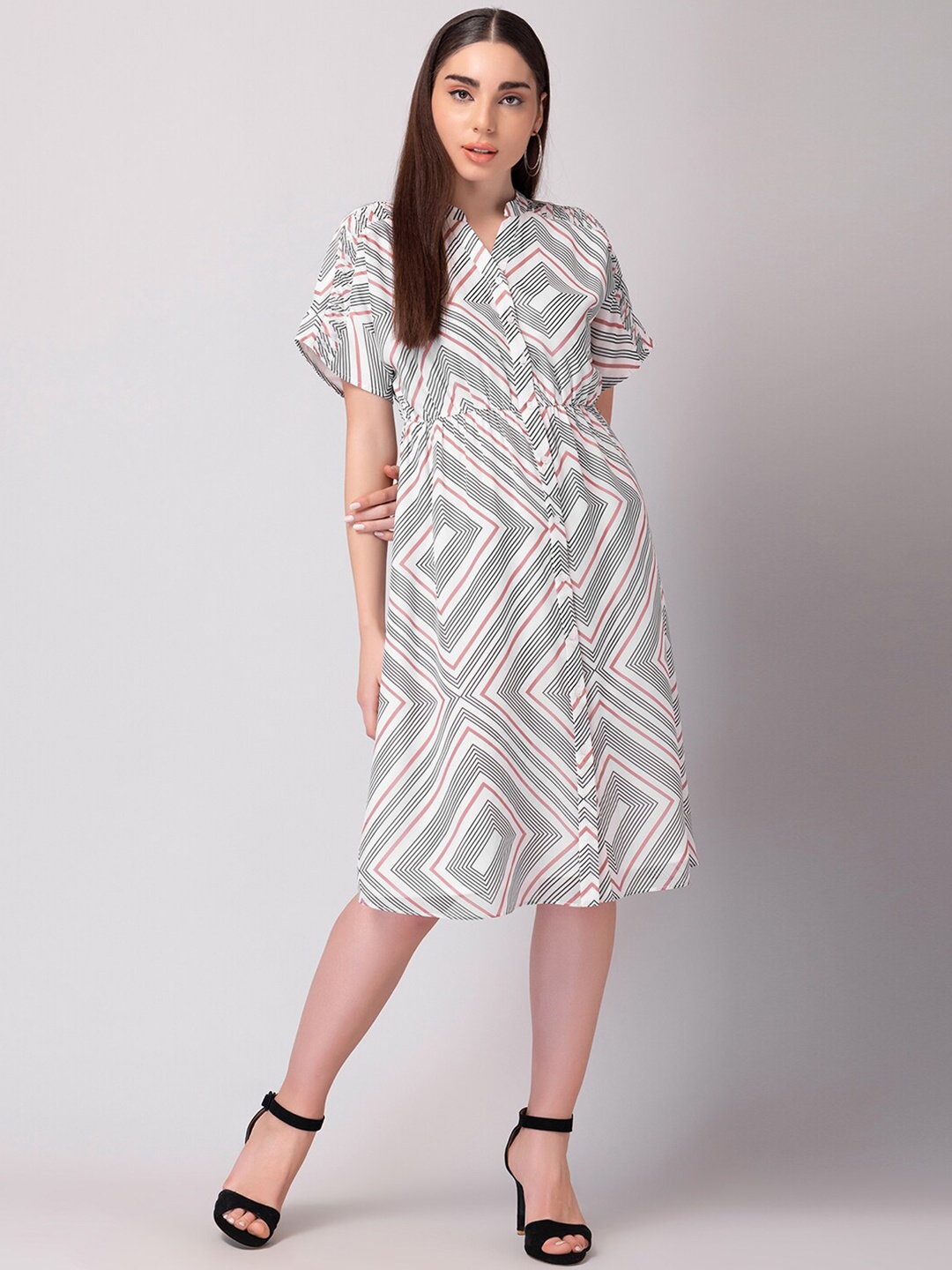 

FabAlley Geometric Print Shirt Dress, White