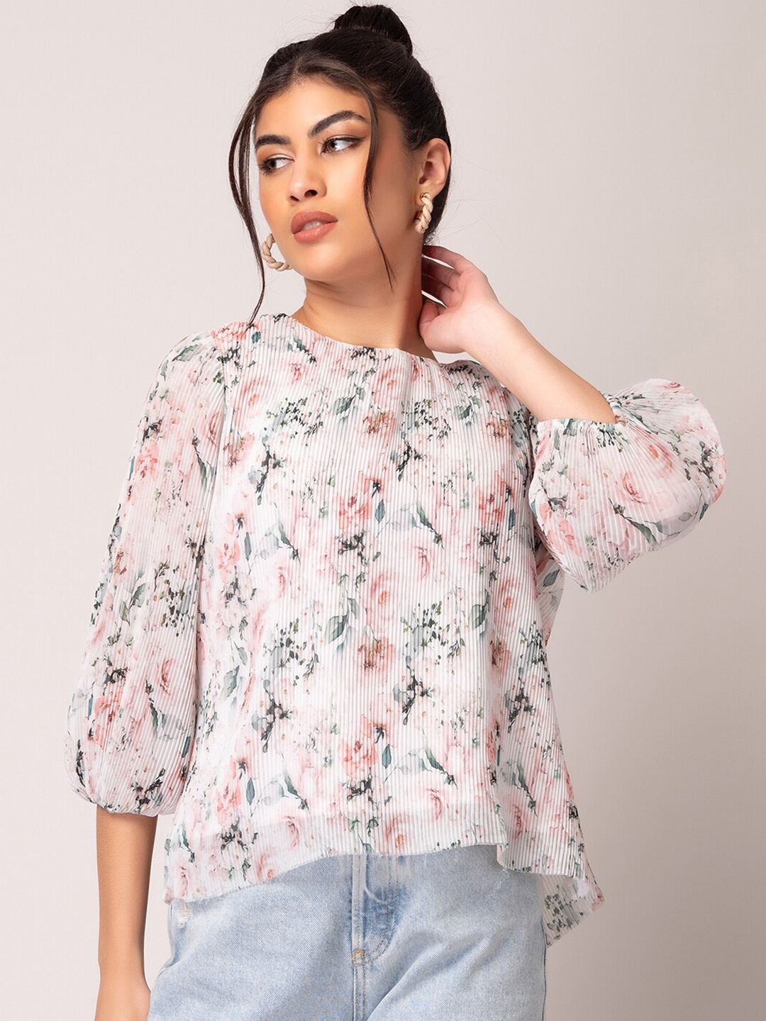 

FabAlley Floral Printed Georgette Boat Neck Puff Sleeve Top, White