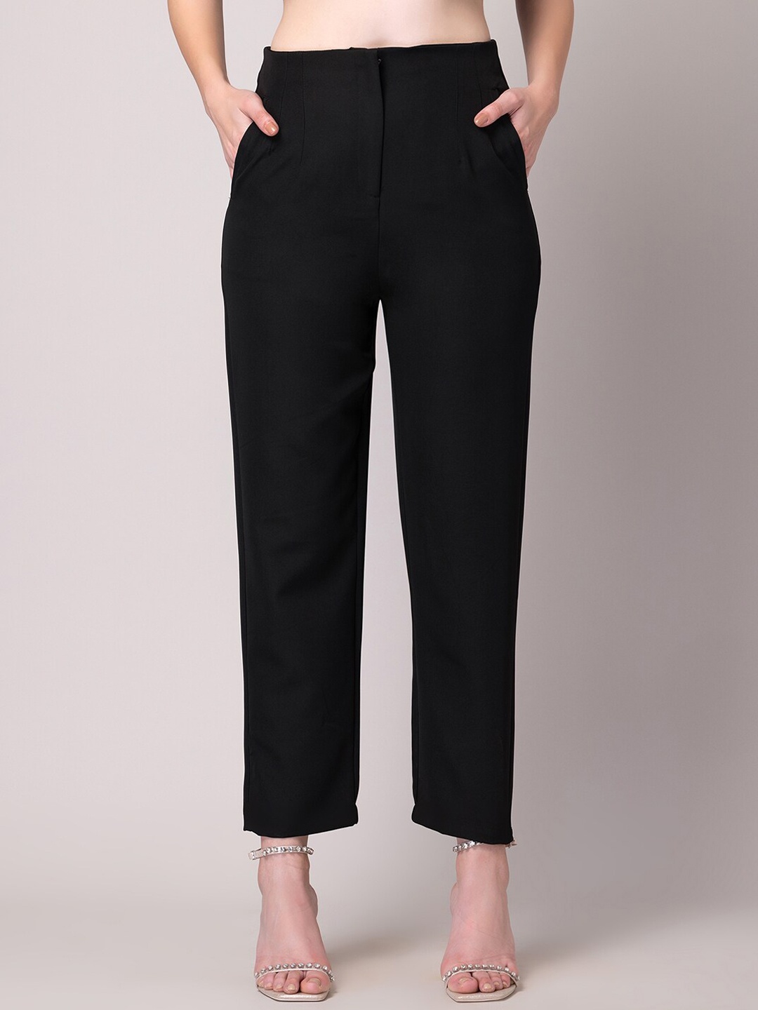 

FabAlley Women Black High-Rise Cropped Plain Straight Fit Trousers