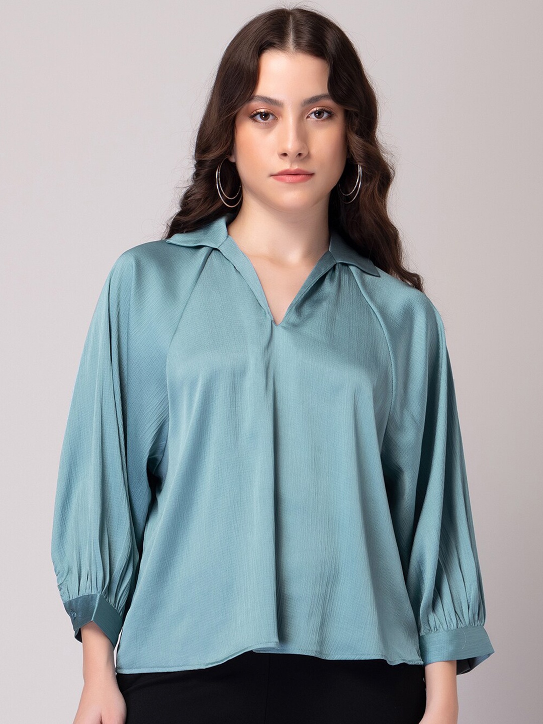 

FabAlley Spread Collar Satin Cuffed Sleeves Shirt Top, Blue