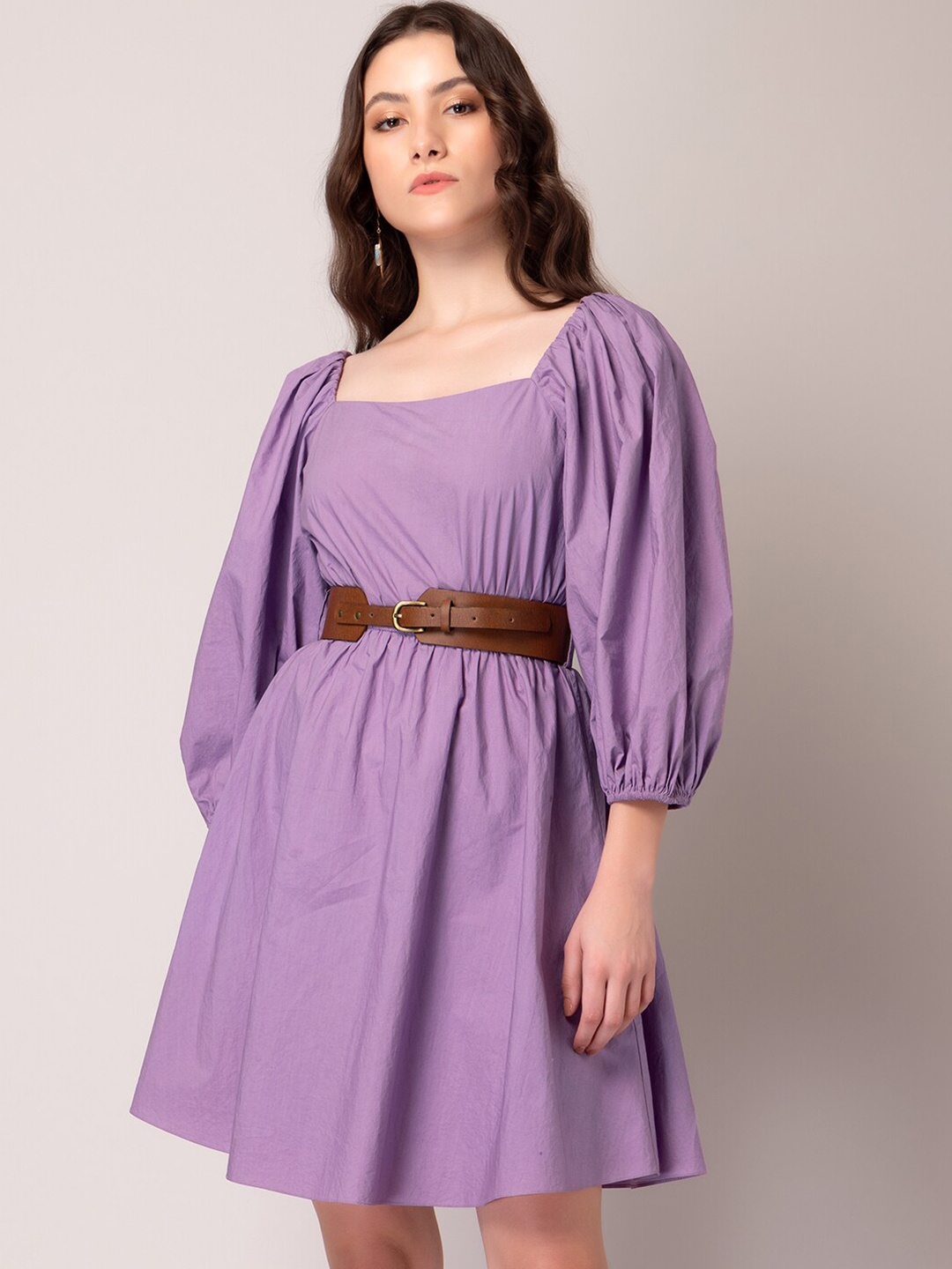 

FabAlley Square Neck Puff Sleeve Fit & Flare Dress, Purple