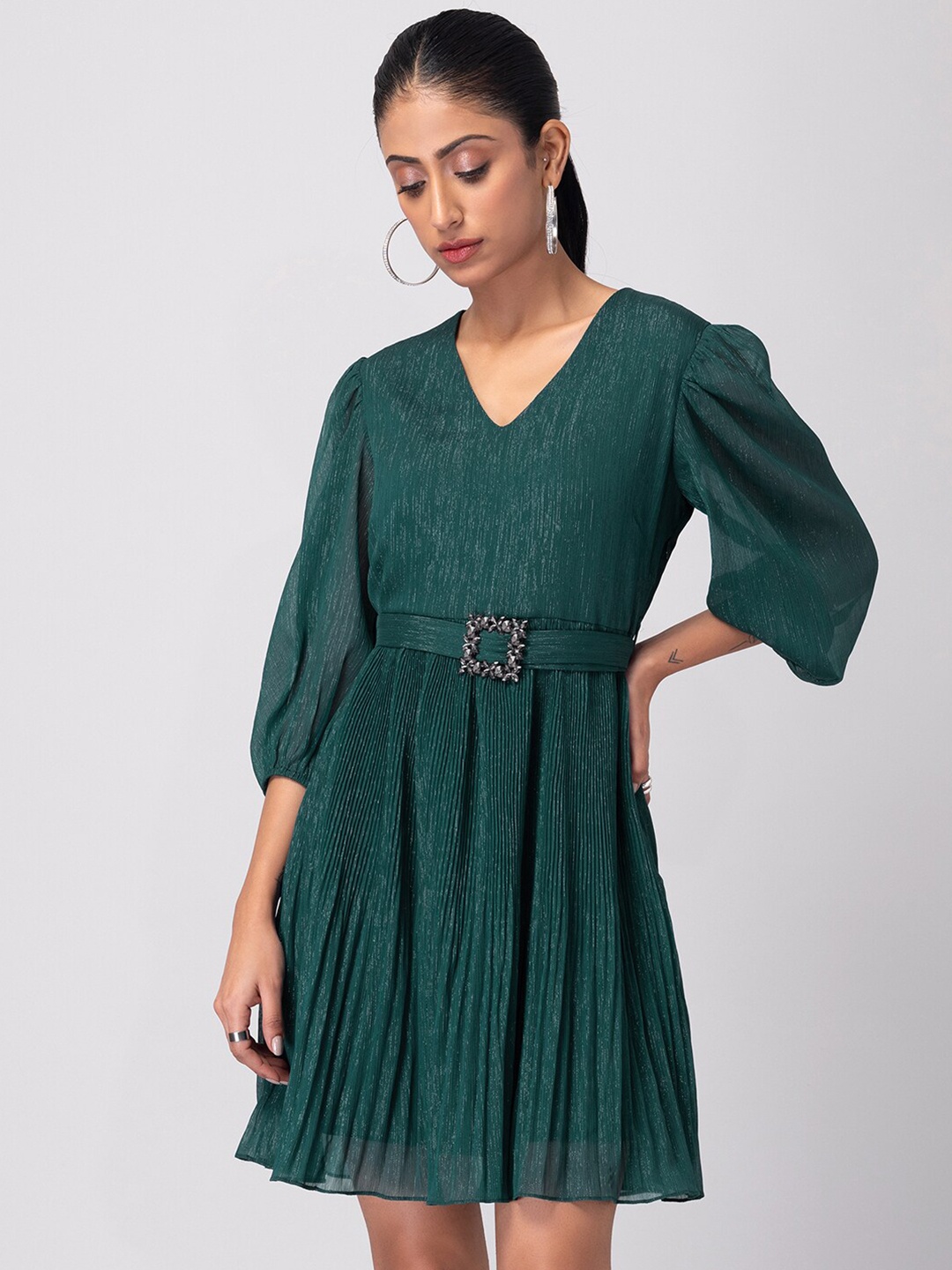 

FabAlley V-Neck Puff Sleeve Georgette Fit & Flare Dress, Green