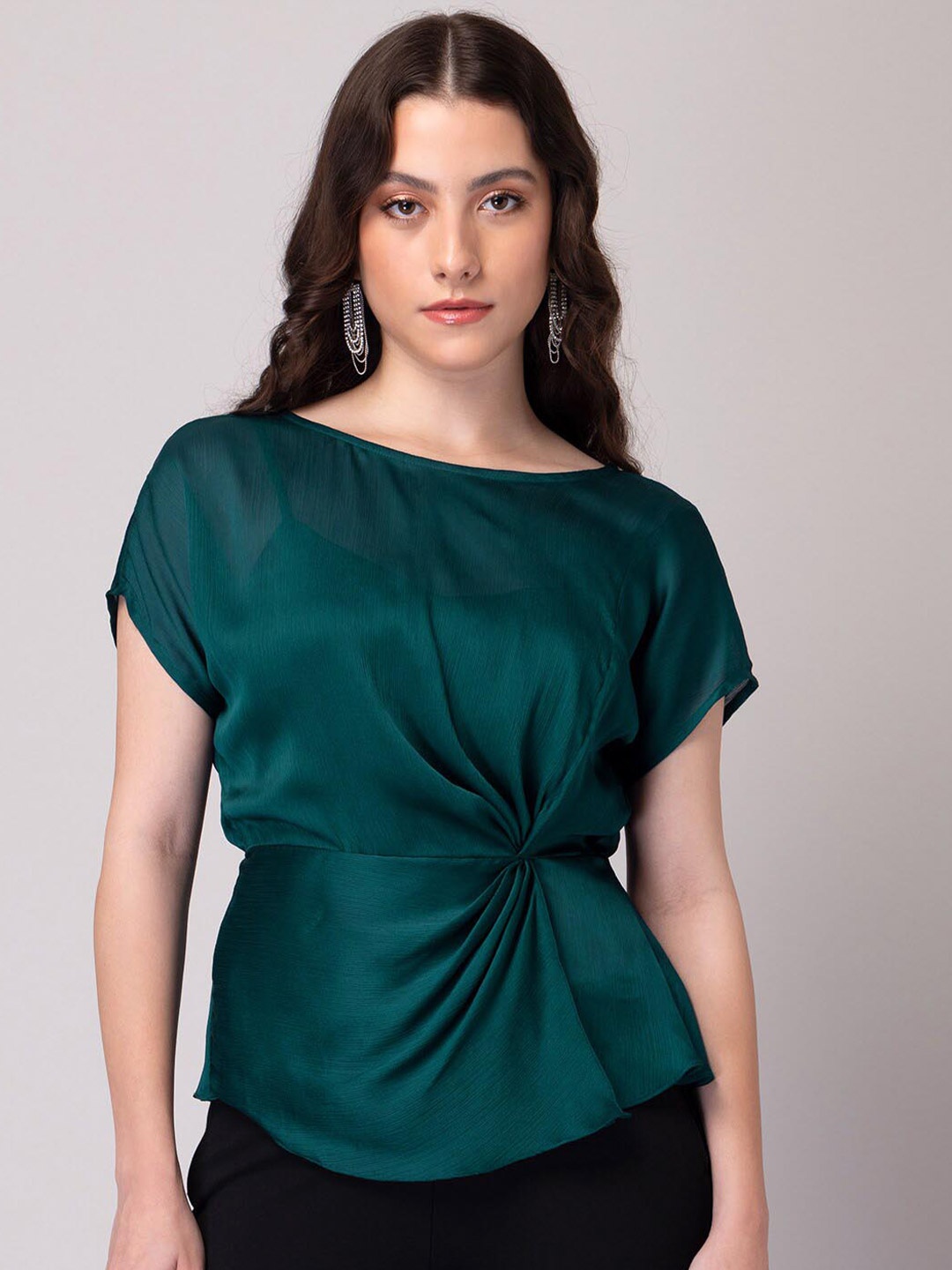

FabAlley Boat Neck Georgette Extended Sleeves Top, Teal