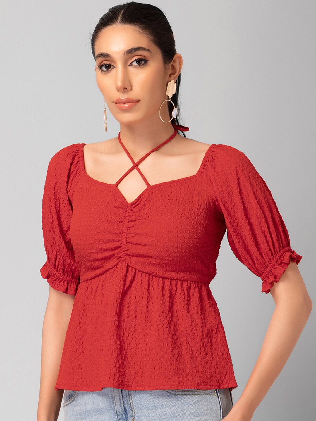 

FabAlley Self Design Halter Neck Puff Sleeve Empire Top, Red