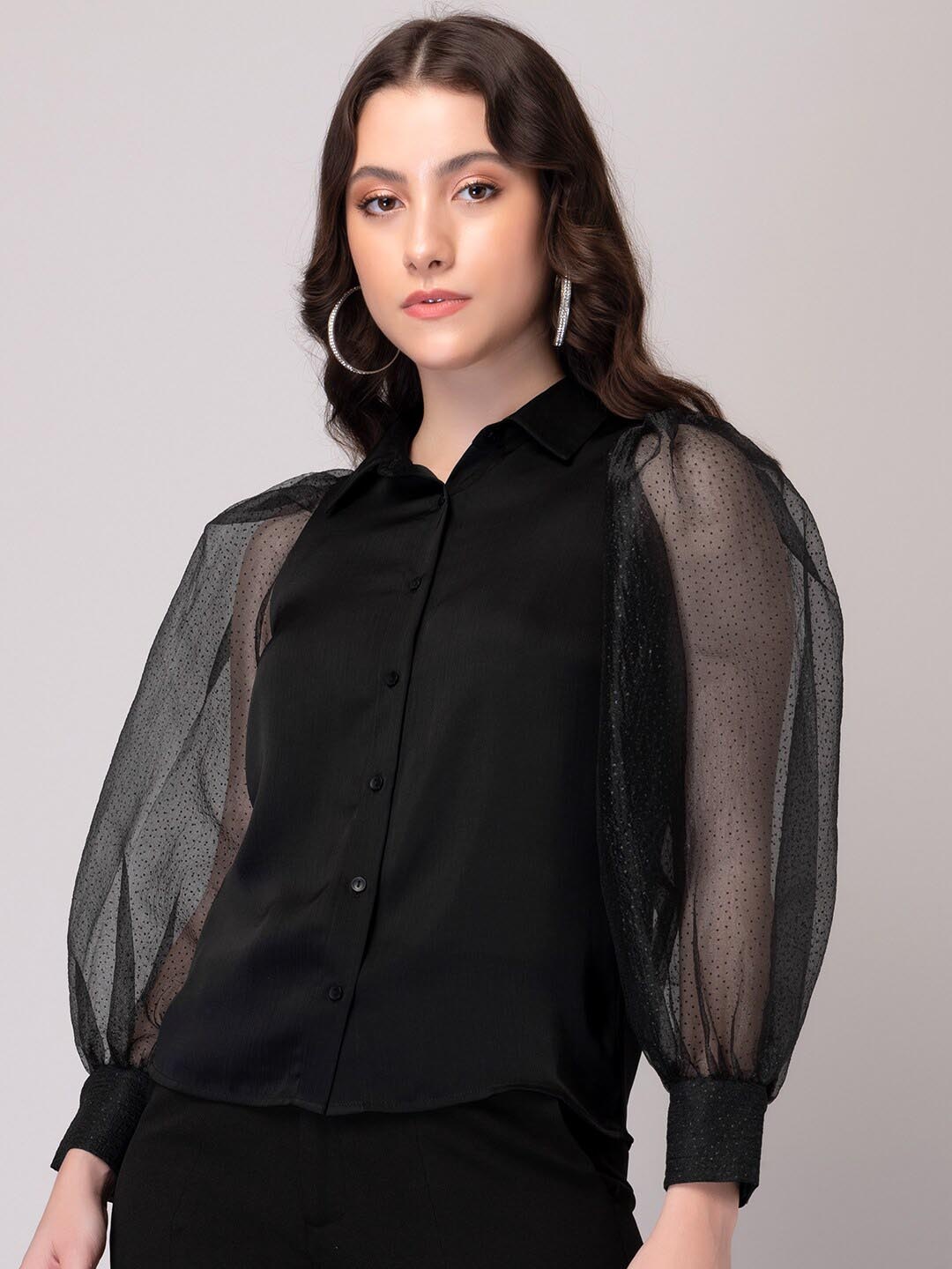 

FabAlley Spread Collar Puff Sleeve Shirt Style Top, Black