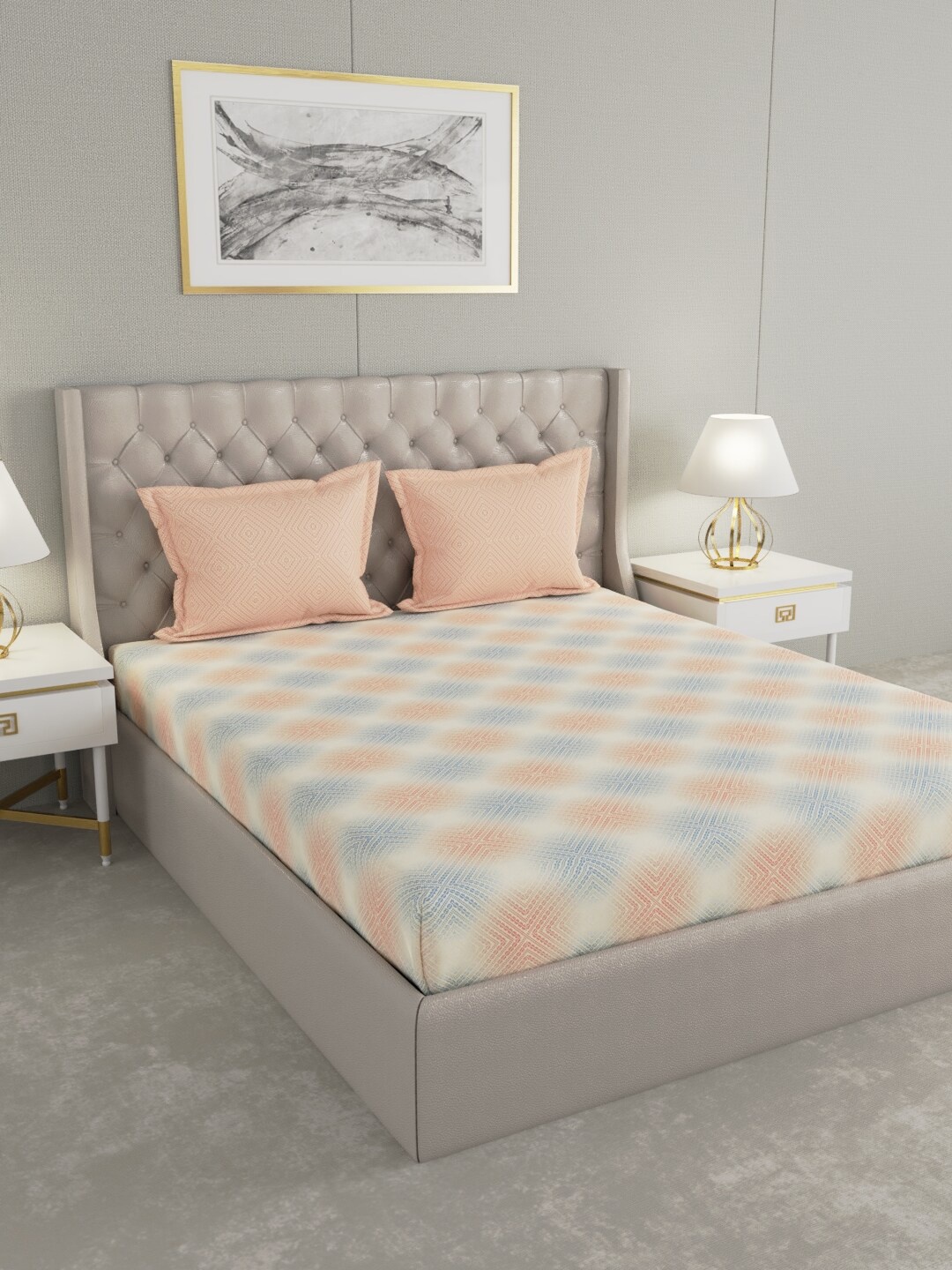 

Raymond Home Peach-Colored & Blue 200 TC 100% Cotton Queen Bedsheet with 2 Pillow Covers