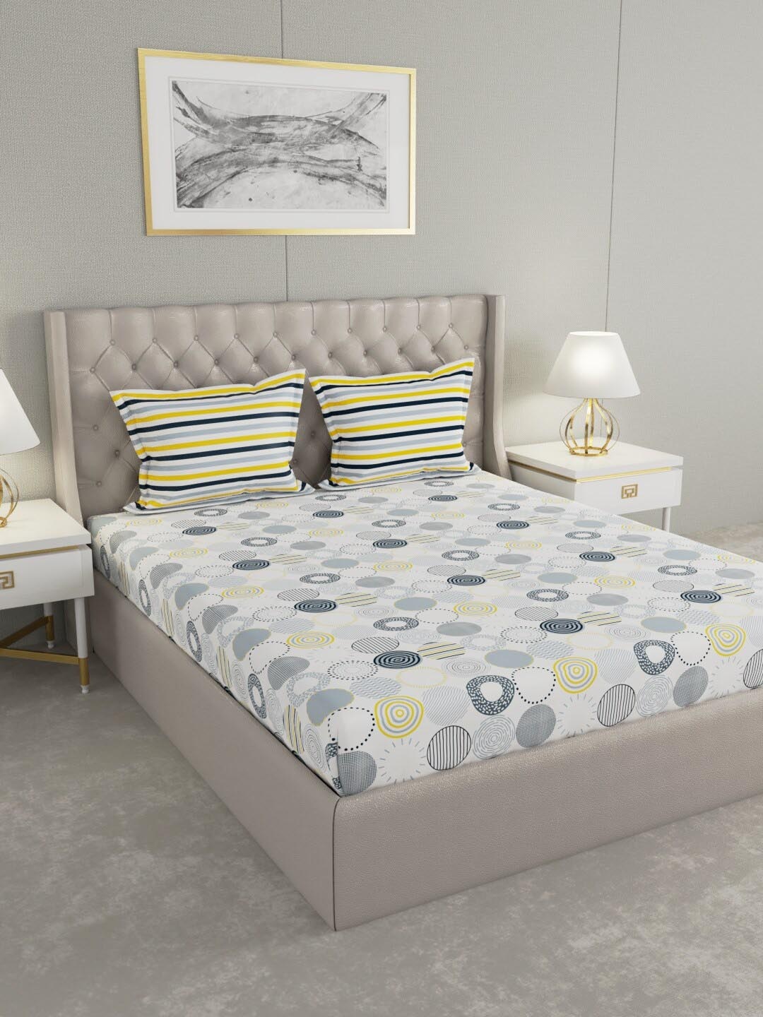 

Raymond Home White & Grey Printed 200 TC Pure Cotton Queen Bedsheet & 2 Pillow Covers