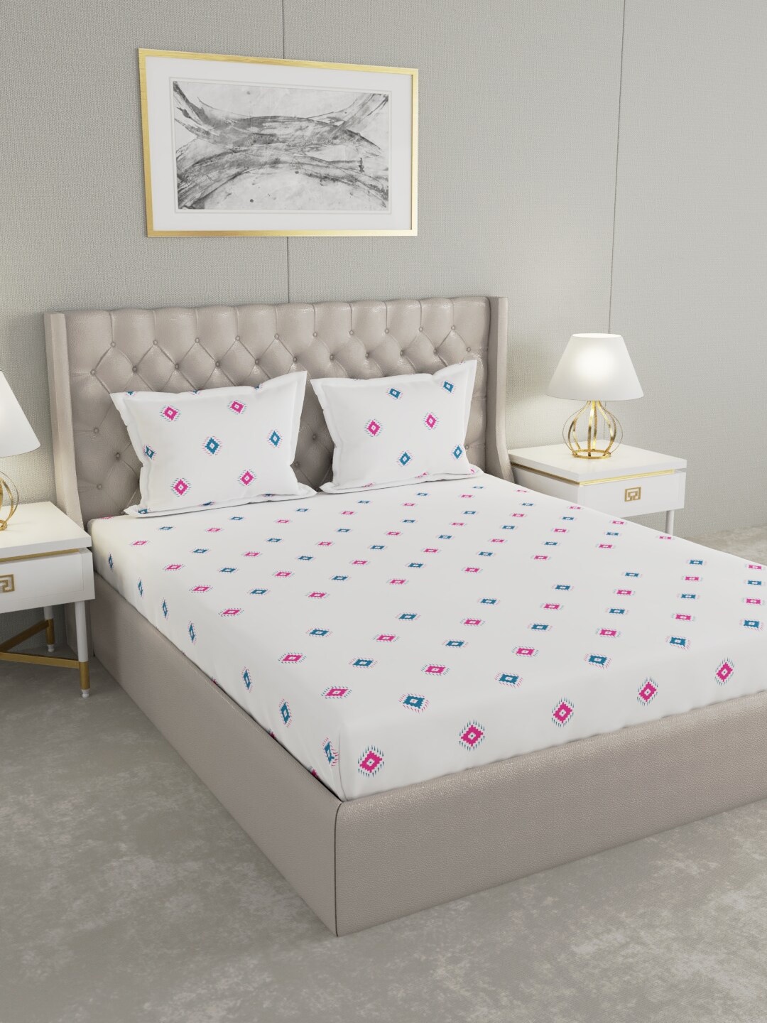 

Raymond Home White & Blue Geometric 200 TC 100% Cotton King Bedsheet with 2 Pillow Covers