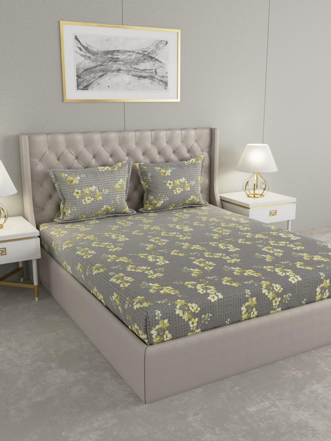 

Raymond Home Grey & Yellow Printed 104 TC Pure Cotton King Bedsheet & 2 Pillow Covers