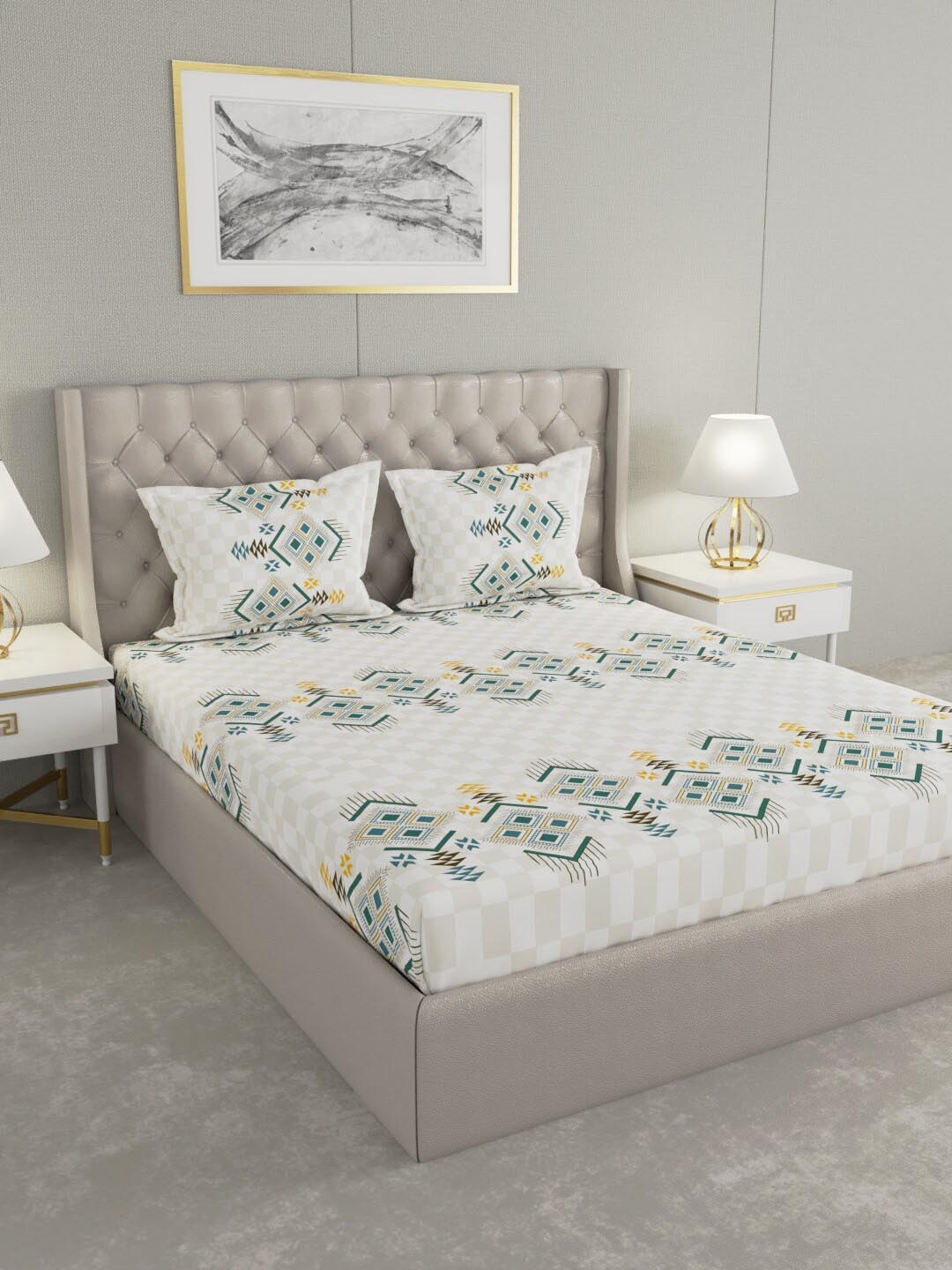 

Raymond Home White & Green Printed 144 TC Pure Cotton King Bedsheet & 2 Pillow Covers