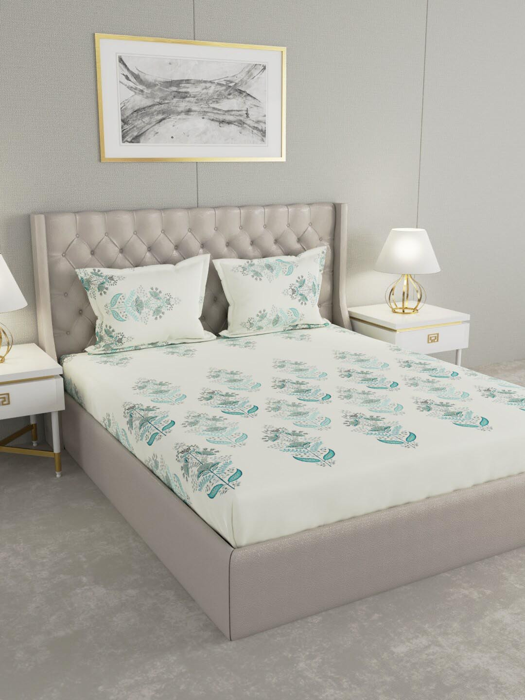 

Raymond Home White & Blue Floral 144 TC 100% Cotton King Bedsheet with 2 Pillow Covers