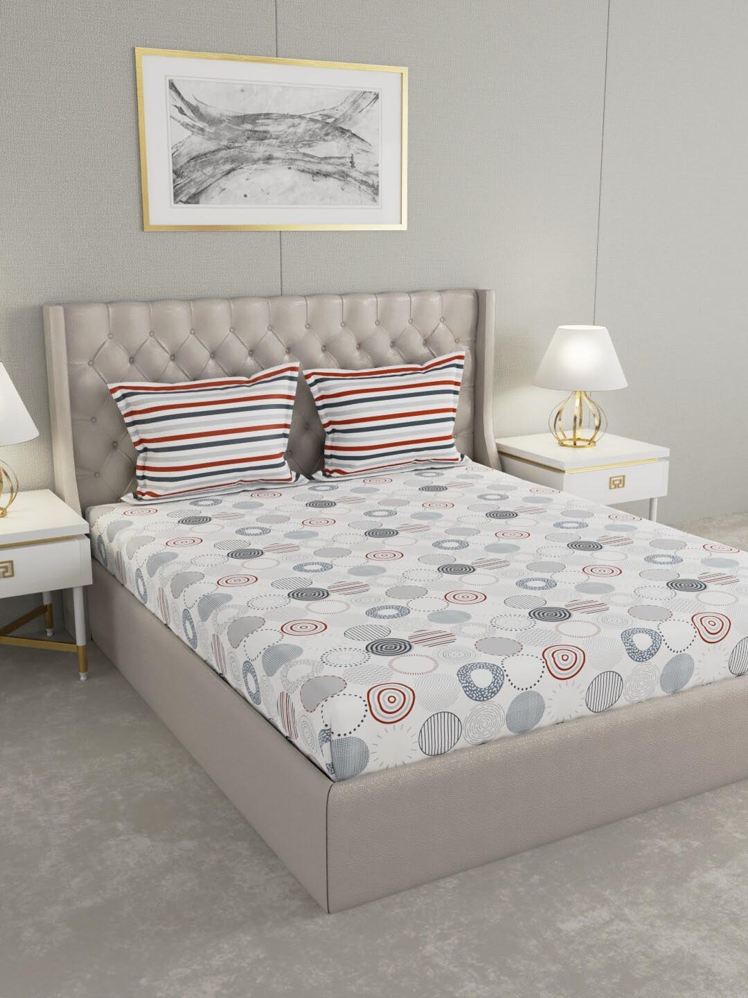 

Raymond Home White & Grey Printed 200 TC Pure Cotton Queen Bedsheet & 2 Pillow Covers