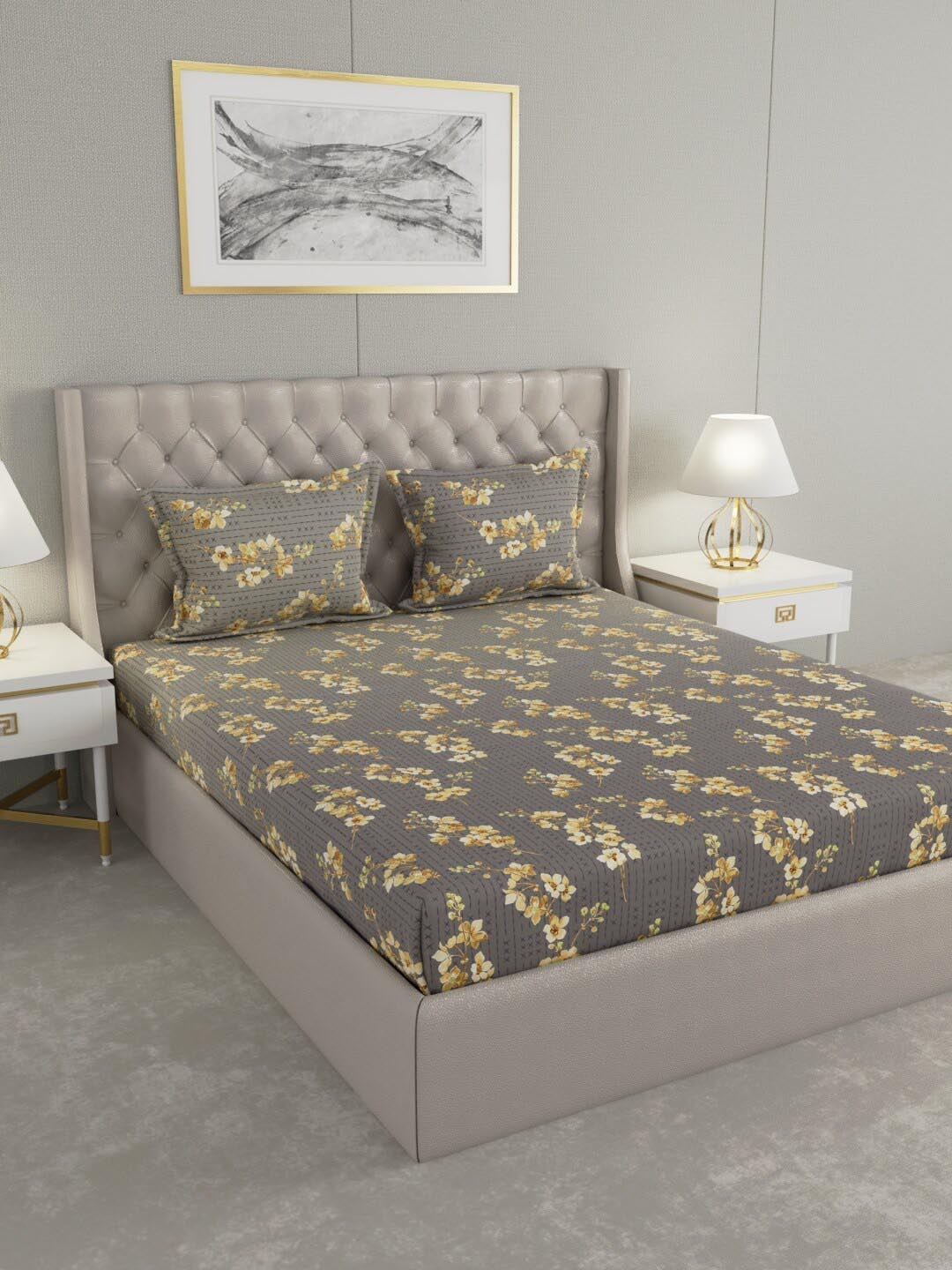 

Raymond Home Grey & Yellow Floral 104 TC 100% Cotton King Bedsheet with 2 Pillow Covers