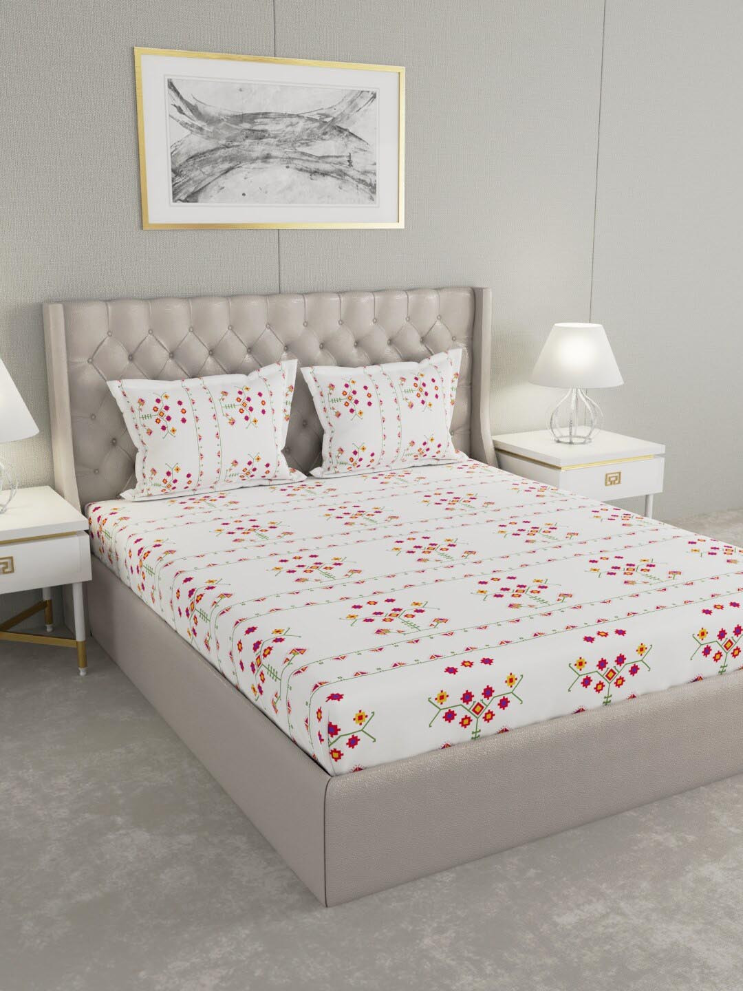 

Raymond Home White & Pink Printed 200 TC Pure Cotton King Bedsheet & 2 Pillow Covers