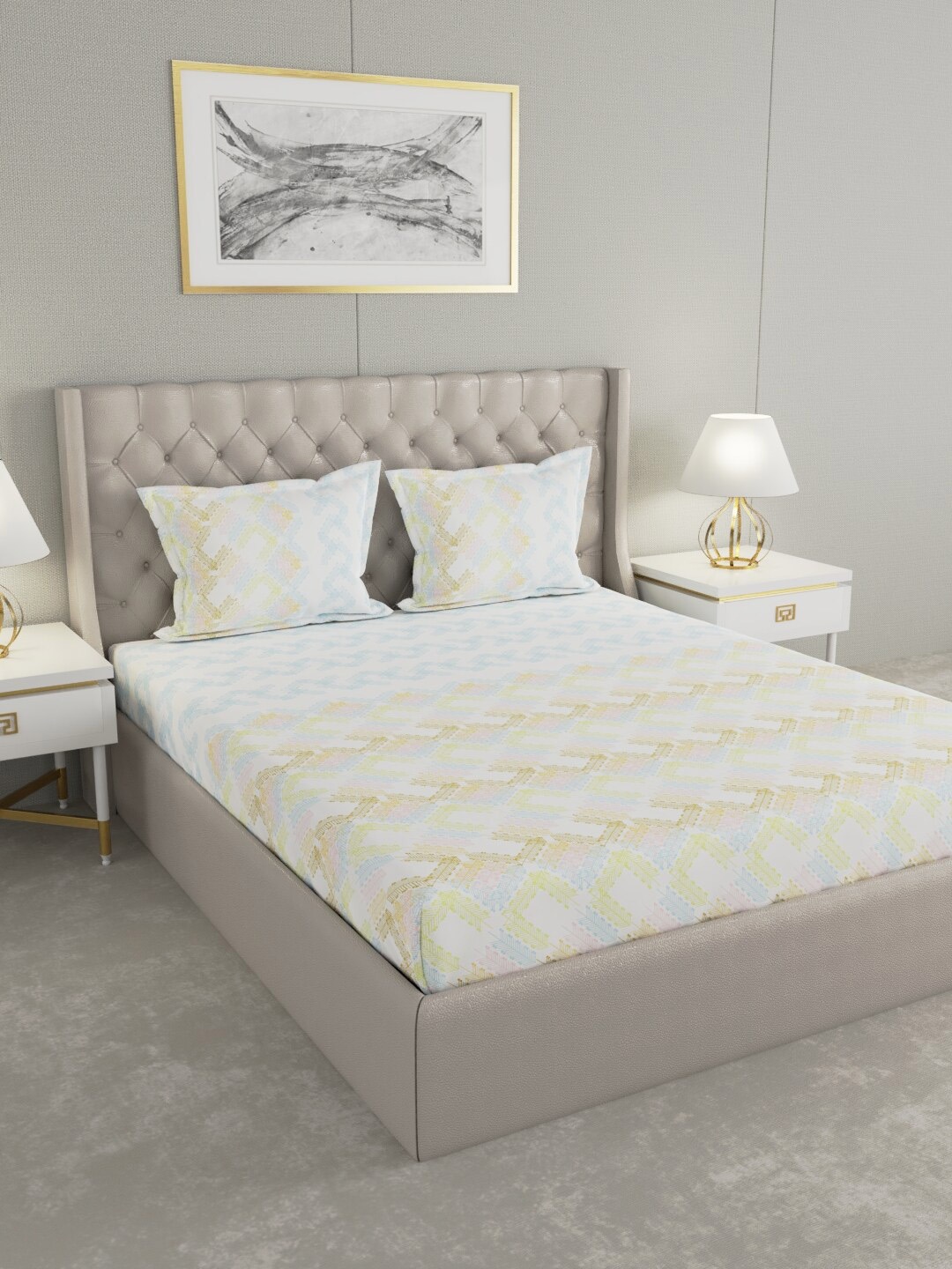 

Raymond Home White & Blue Printed 144 TC Pure Cotton King Bedsheet With 2 Pillow Covers