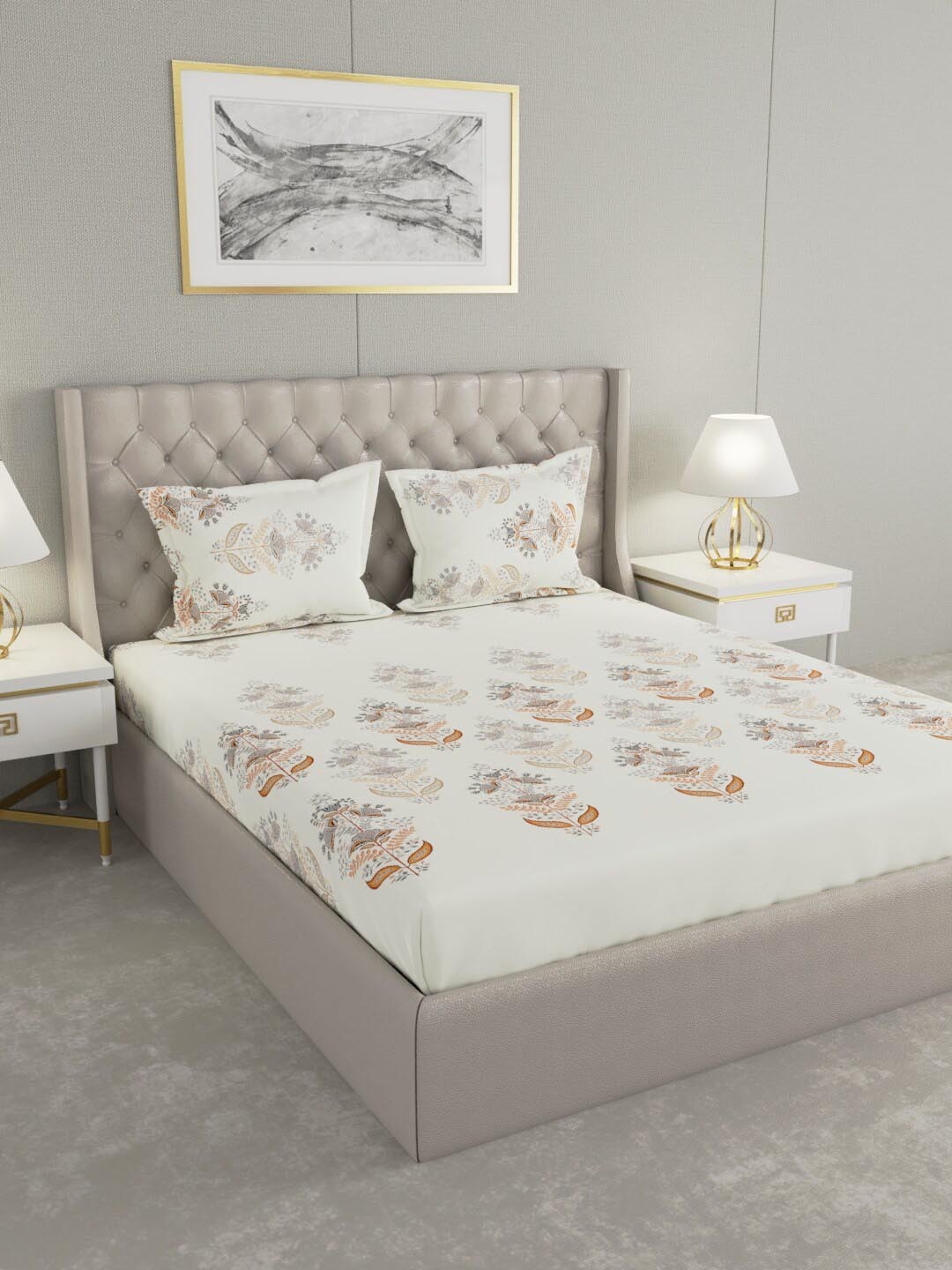 

Raymond Home White & Brown Floral 144 TC 100% Cotton King Bedsheet with 2 Pillow Covers