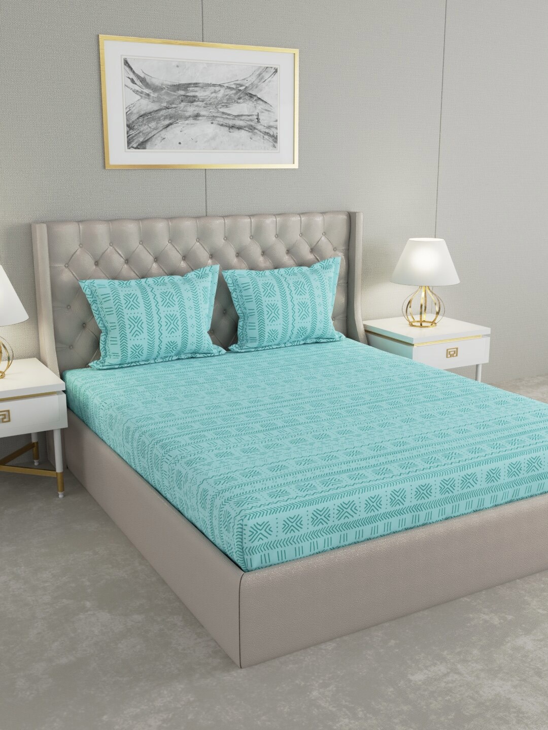 

Raymond Home Blue Geometric 104 TC 100% Cotton Queen Bedsheet with 2 Pillow Covers