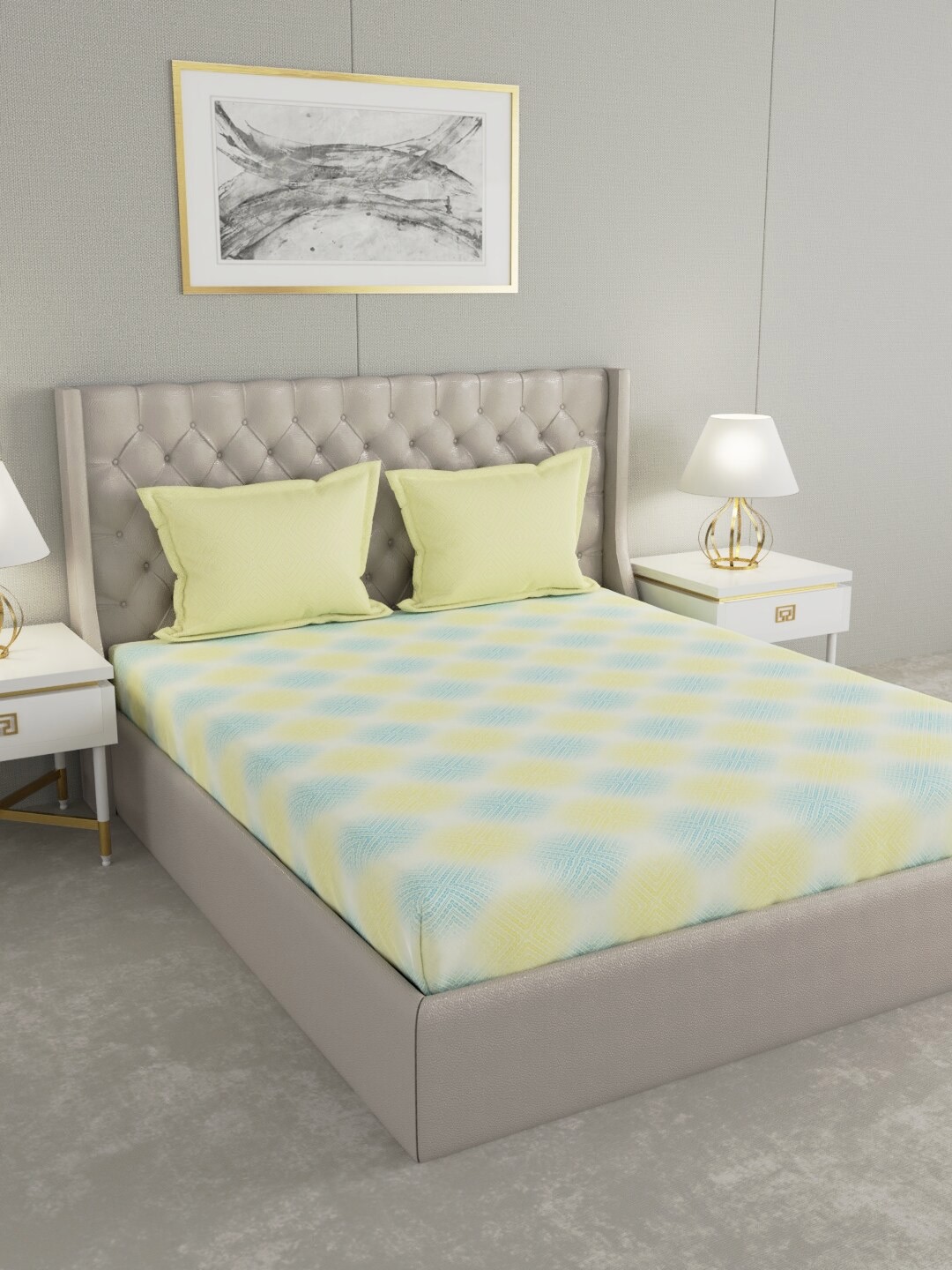 

Raymond Home Yellow & Blue Printed 200 TC Pure Cotton Queen Bedsheet & 2 Pillow Covers