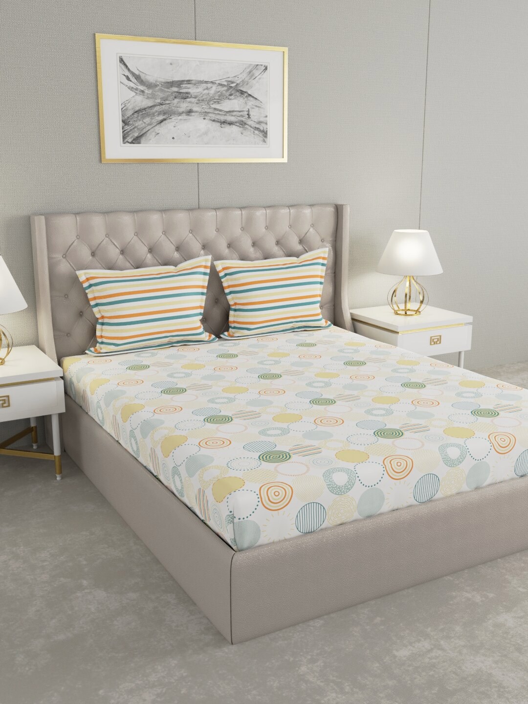 

Raymond Home White & Yellow Geometric 200 TC Cotton Queen Bedsheet With 2 Pillow Covers