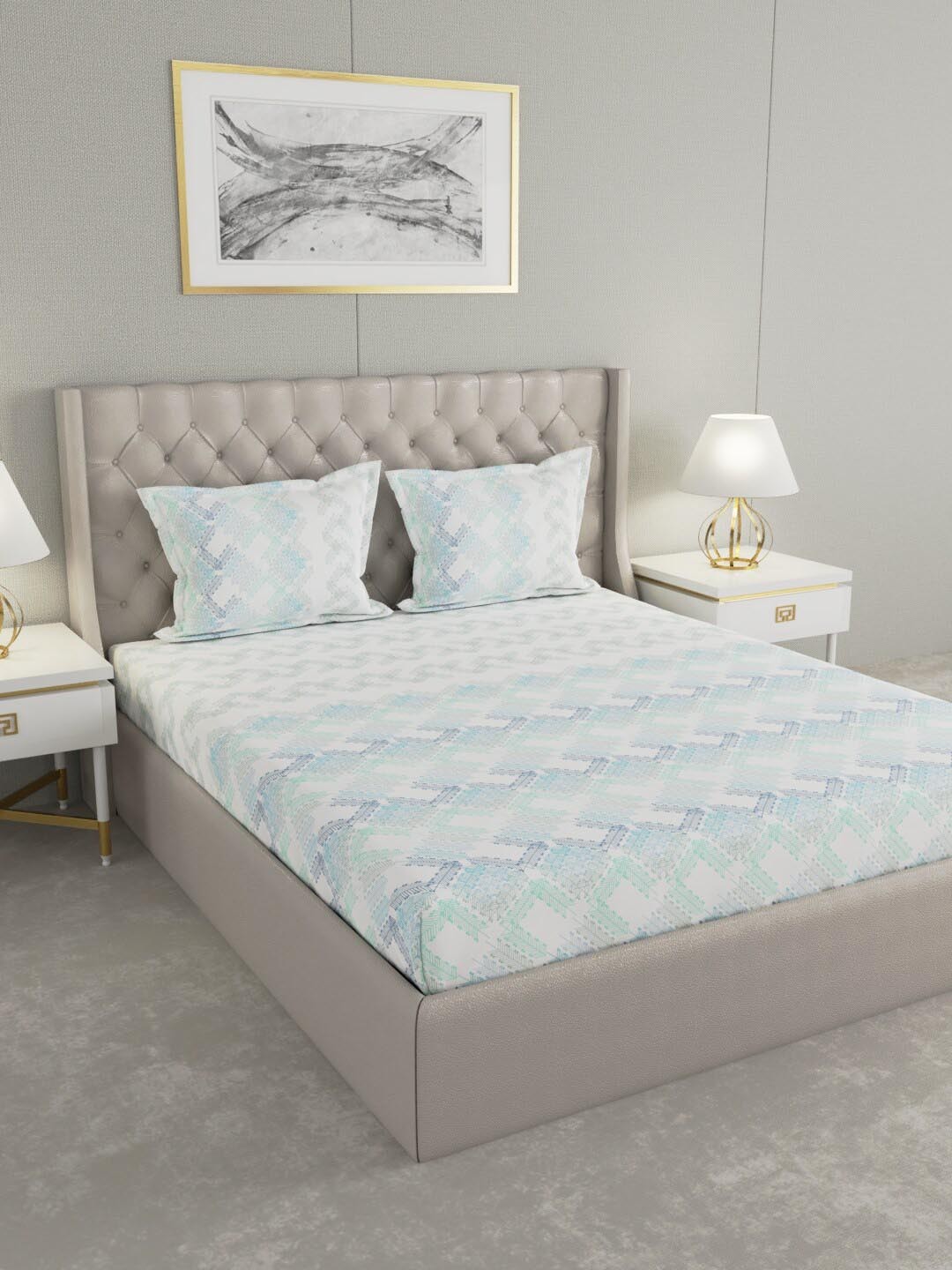 

Raymond Home White & Blue 144 TC 100% Cotton King Bedsheet with 2 Pillow Covers