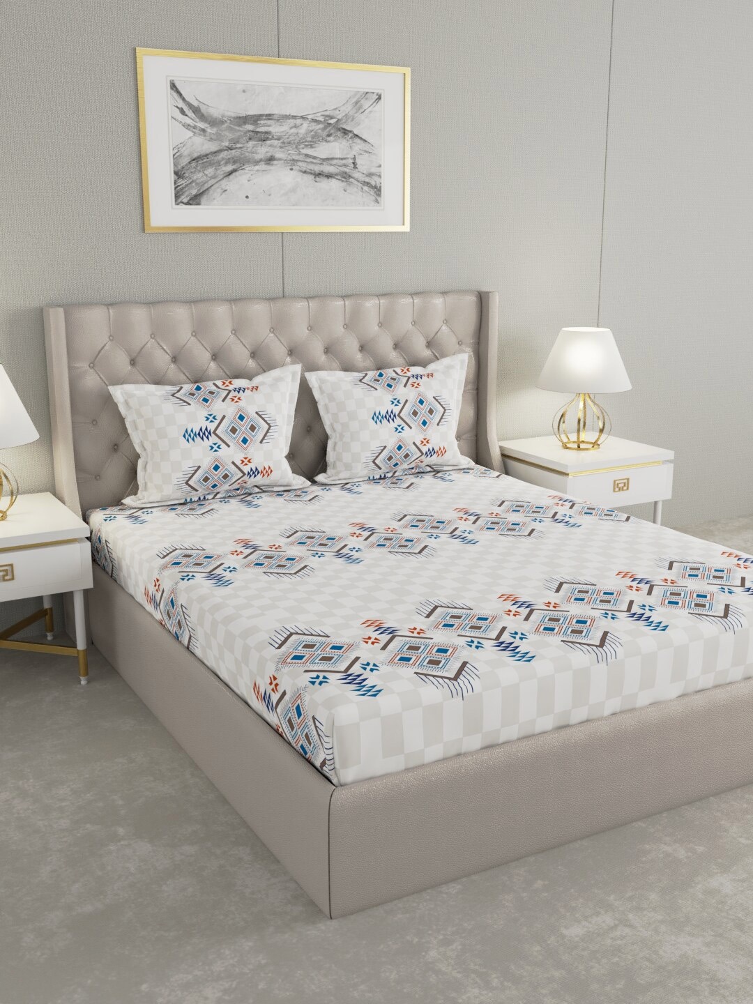 

Raymond Home White & Blue Geometric 144 TC 100% Cotton King Bedsheet with 2 Pillow Covers