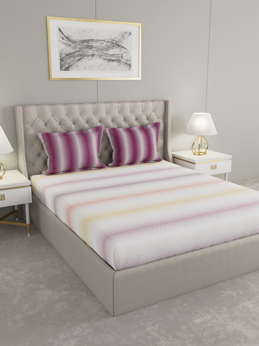

Raymond Home White & Purple Printed 200 TC Pure Cotton Queen Bedsheet With 2 Pillow Covers