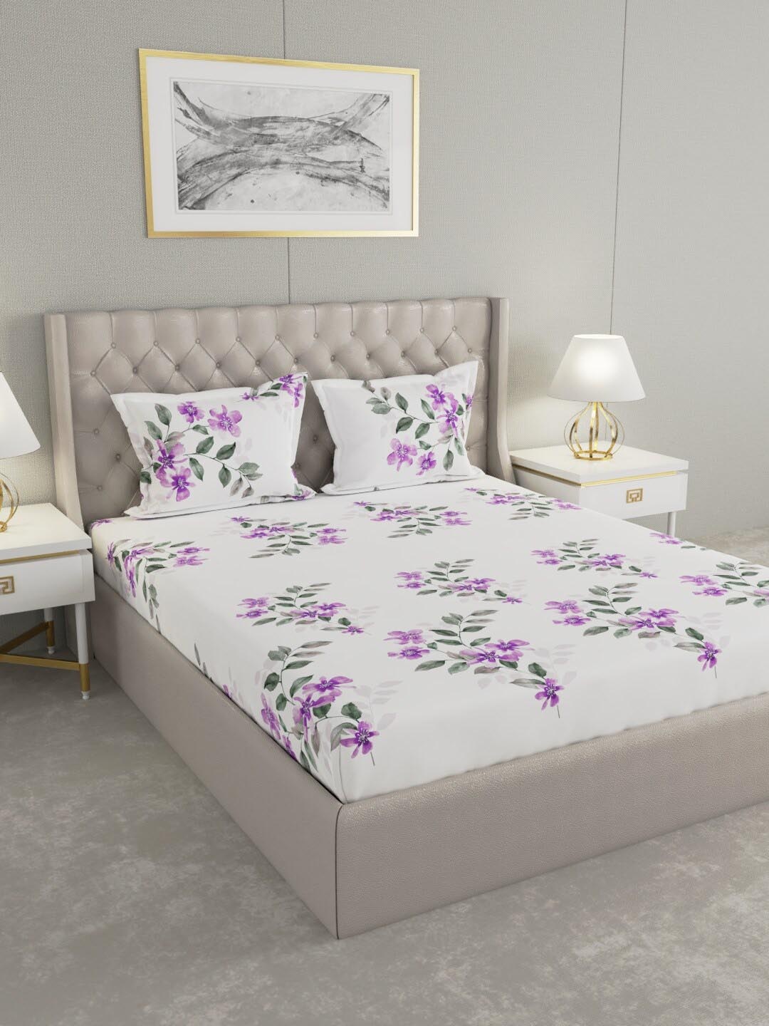

Raymond Home White & Purple Printed 144 TC Pure Cotton King Bedsheet & 2 Pillow Covers