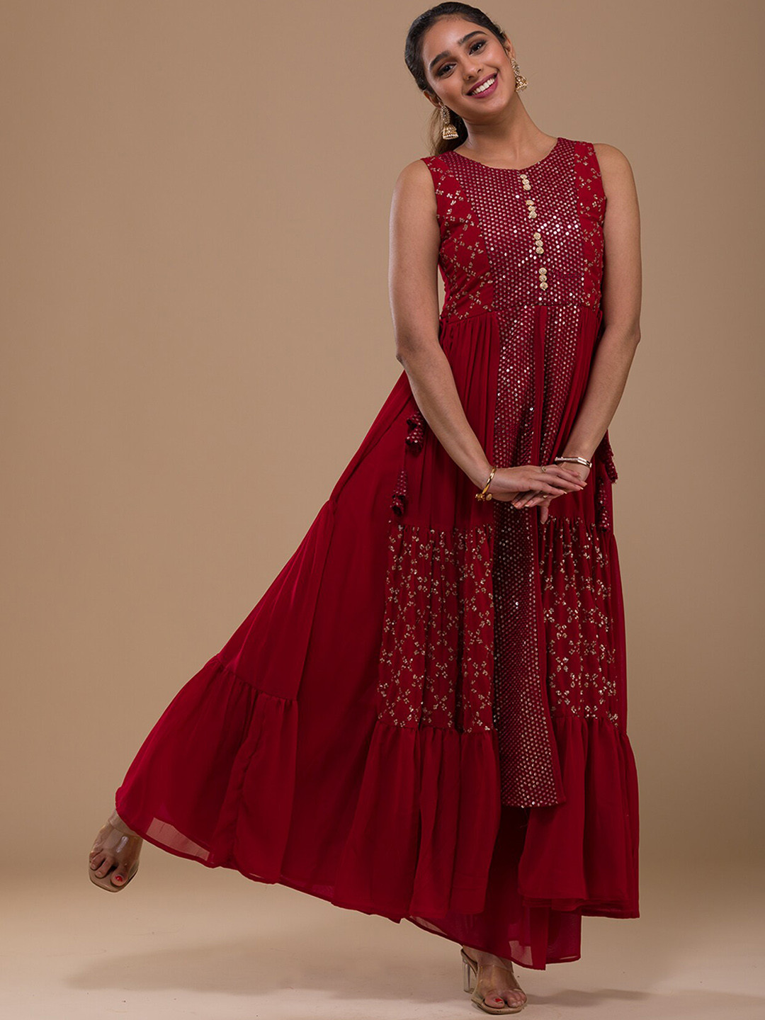 

Koskii Geometric Embroidered Sequined Kurta with Palazzos & Dupatta, Maroon