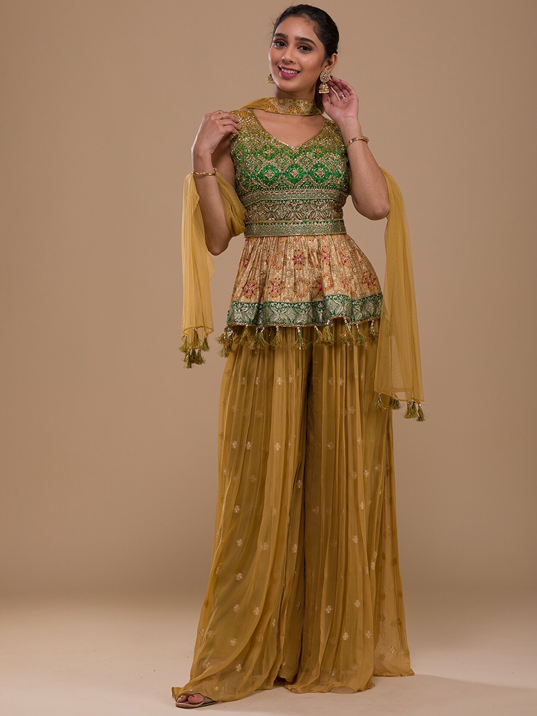 

Koskii Ethnic Motifs Embroidered A-Line Beads and Stones Top with Palazzos & Dupatta, Green