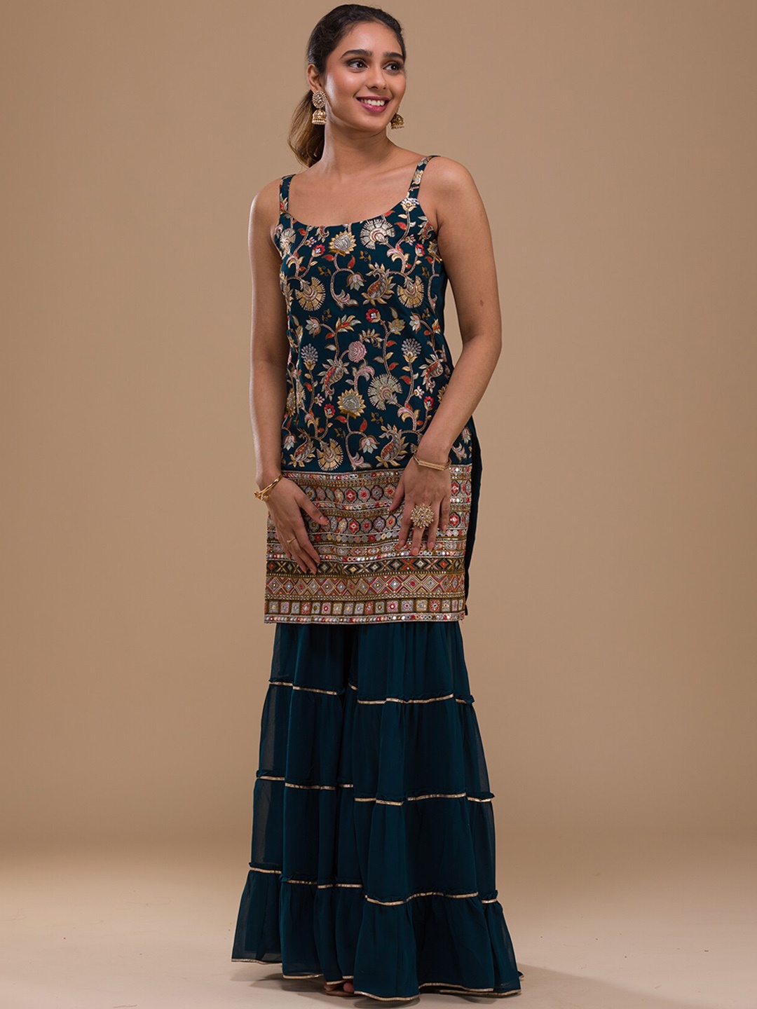 

Koskii Floral Embroidered Sequined Kurti with Sharara & Dupatta, Navy blue