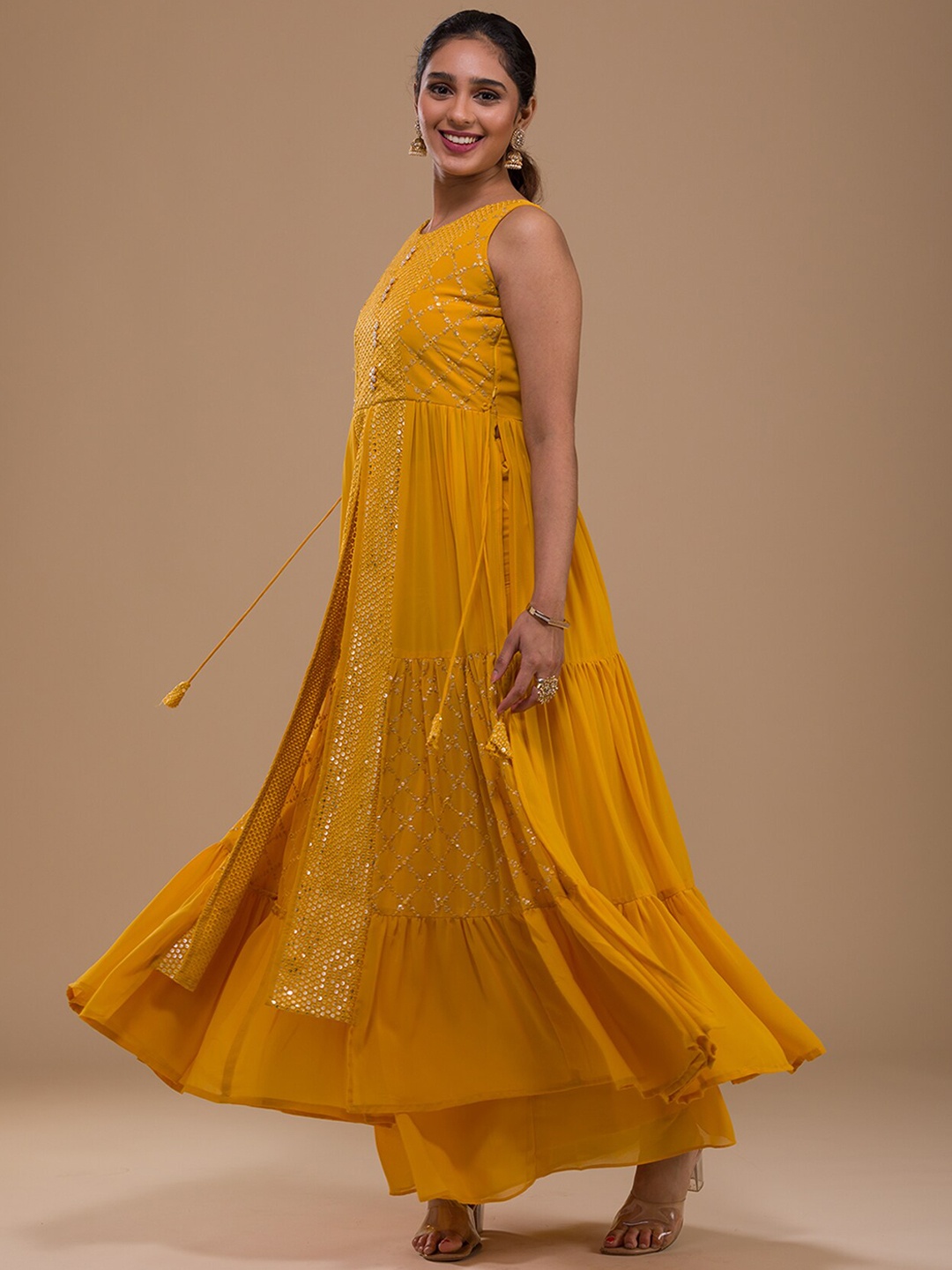 

Koskii Ethnic Motifs Embroidered Sequined Kurta with Palazzos & Dupatta, Mustard