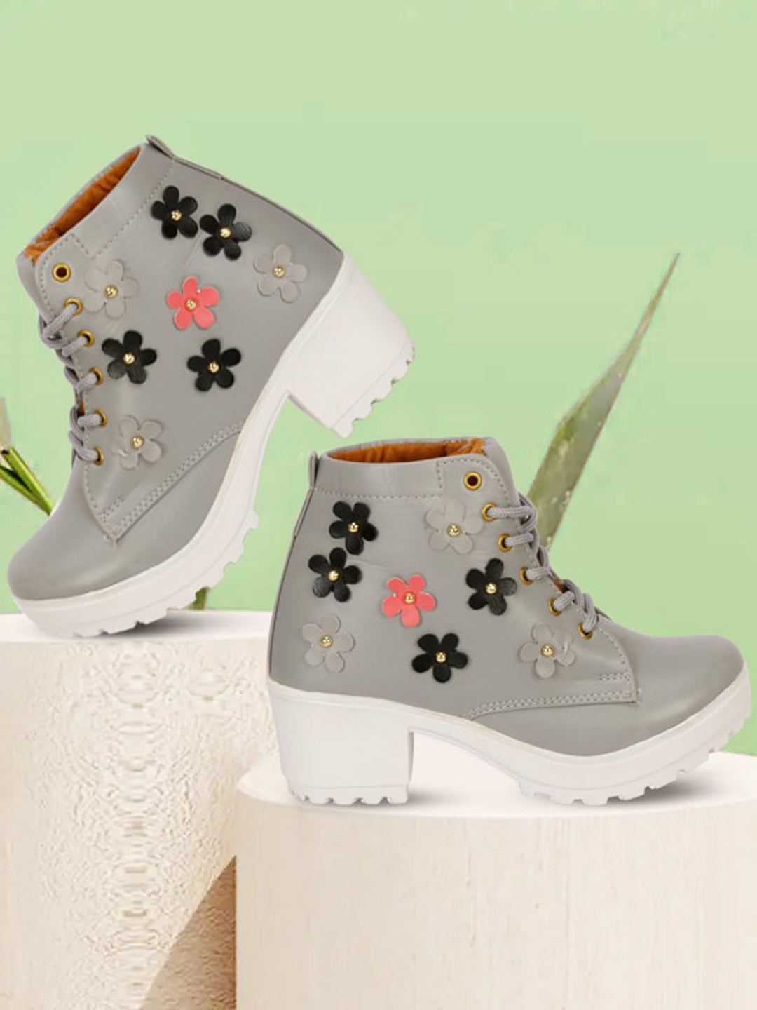 

DEAS Floral Embellished Mid Top Blocked-Heeled Boots, Grey