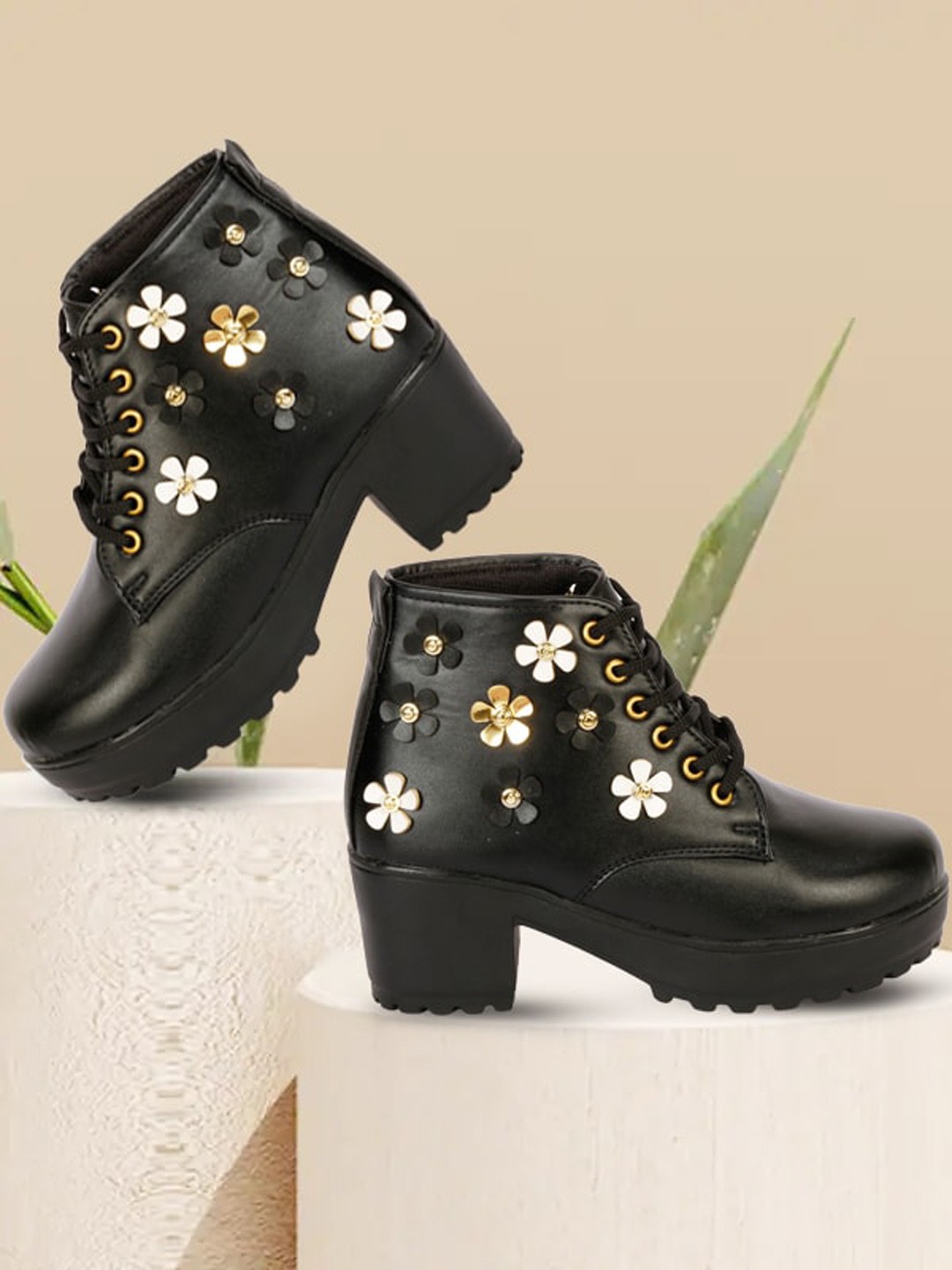 

DEAS Women Embellished Mid-Top Block Heel Boots, Black