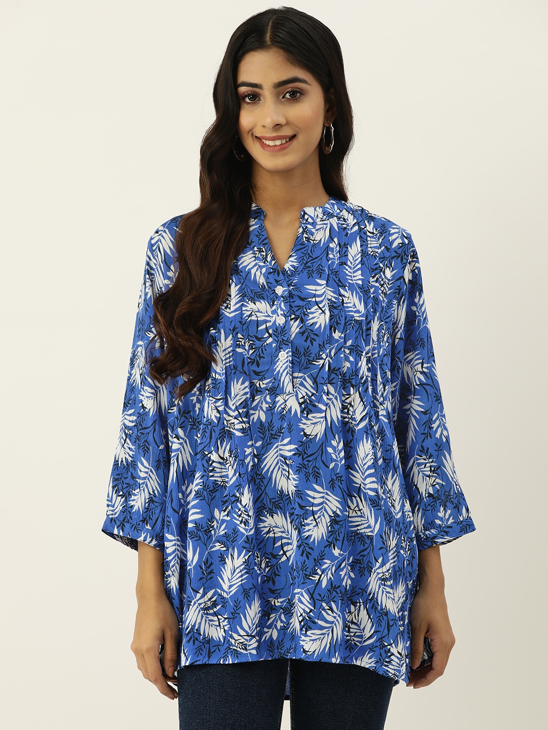 

IX IMPRESSION Tropical Print Mandarin Collar Puff Sleeves Longline Top, Blue