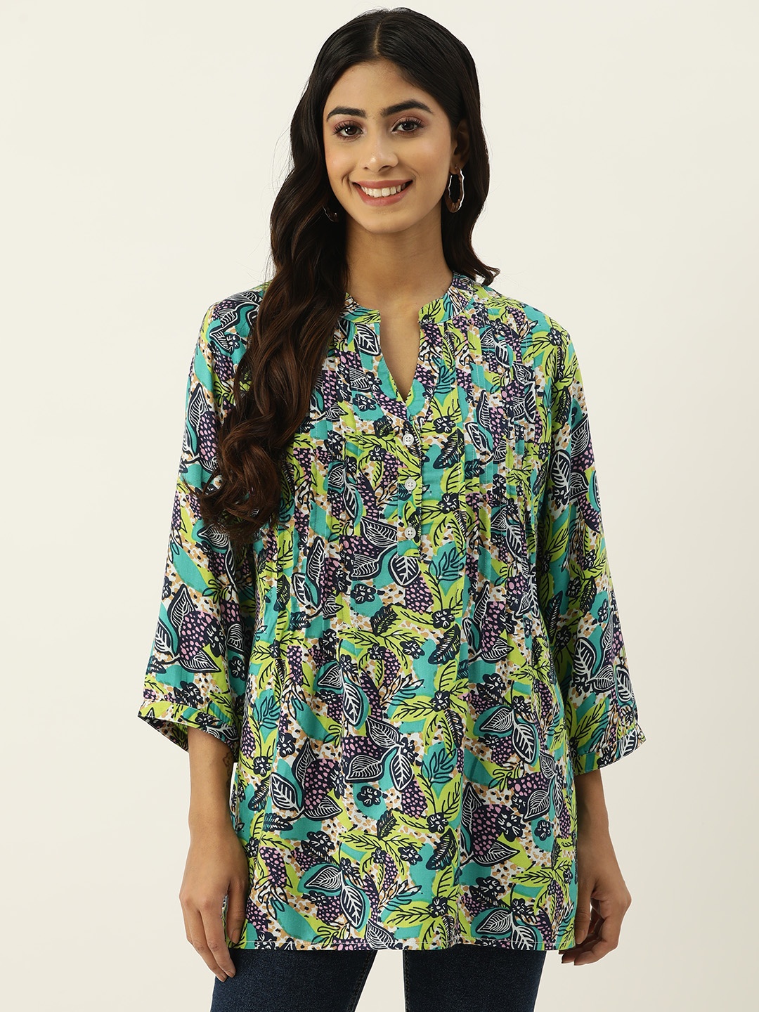 

IX IMPRESSION Floral Print Mandarin Collar Longline Top, Green