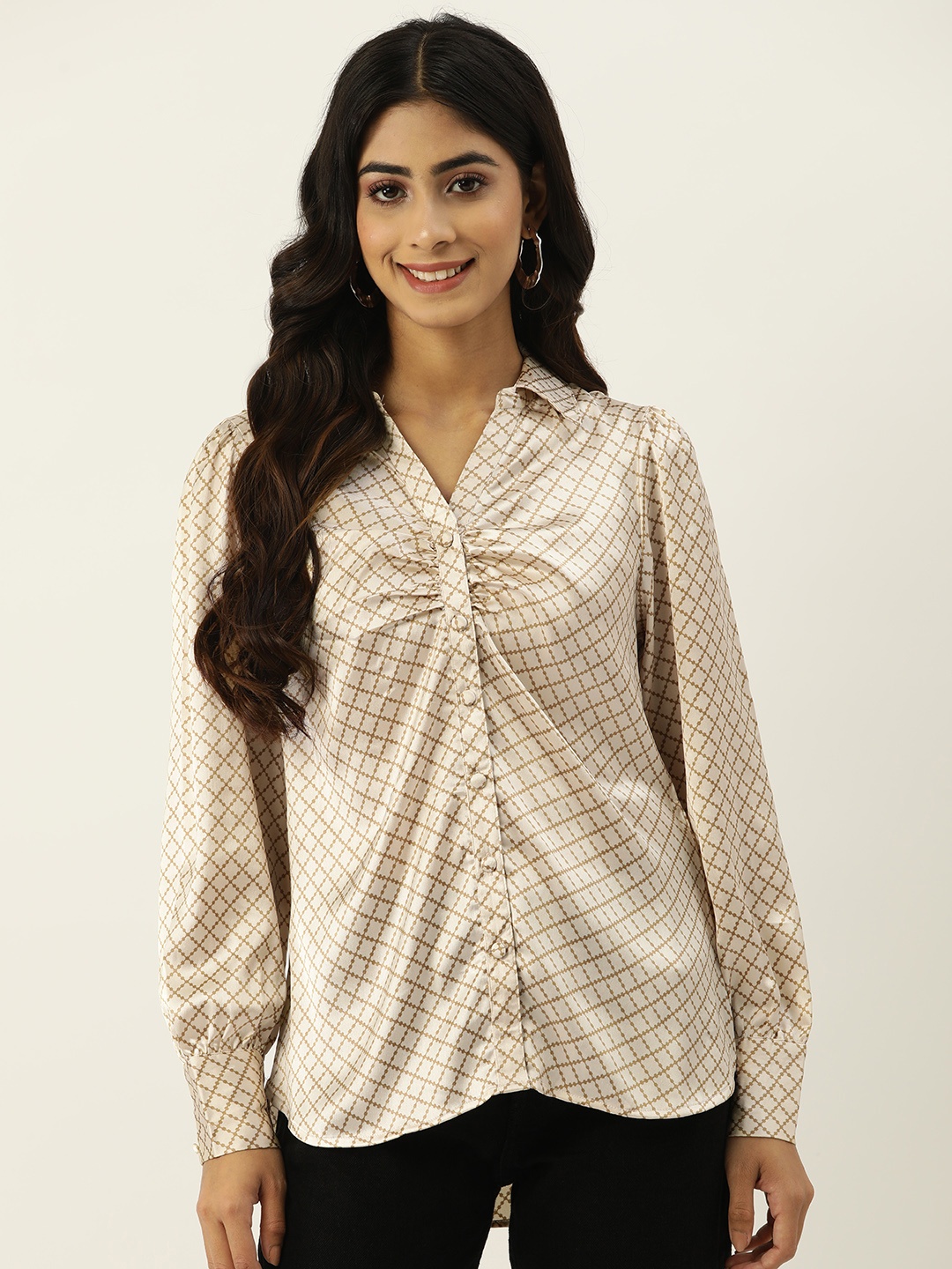 

IX IMPRESSION Checked Satin Shirt Style Top, Brown