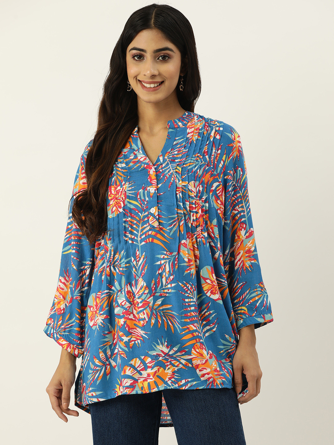 

IX IMPRESSION Floral Print Mandarin Collar Longline Top, Blue