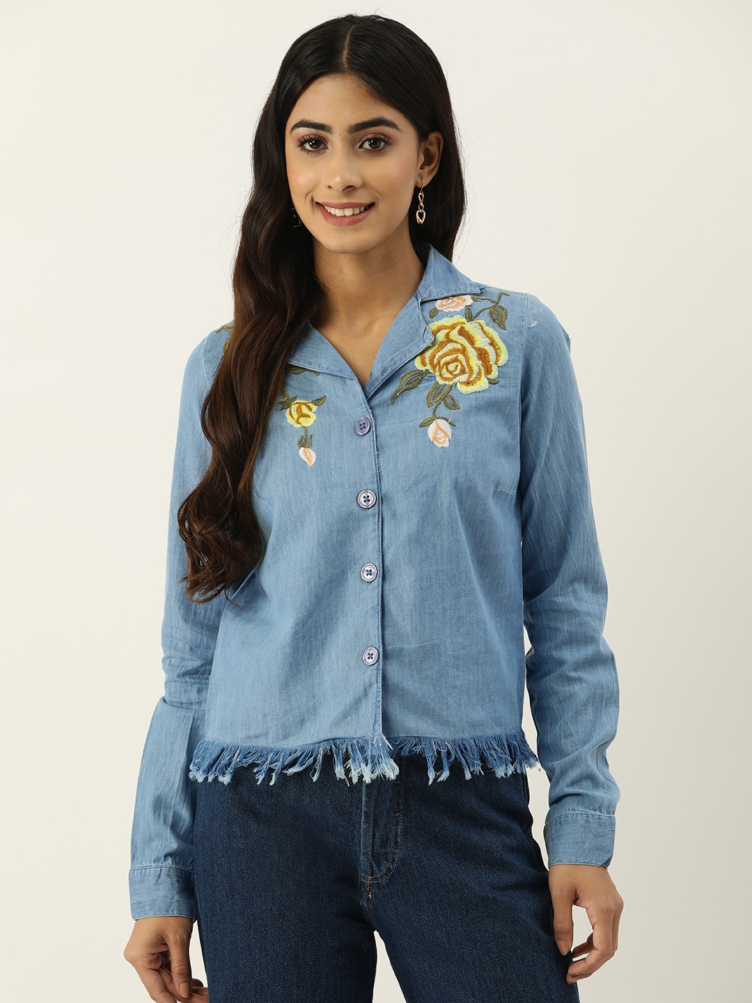 

IX IMPRESSION Floral Embroidered Fringed Pure Cotton Denim Shirt Style Top, Blue