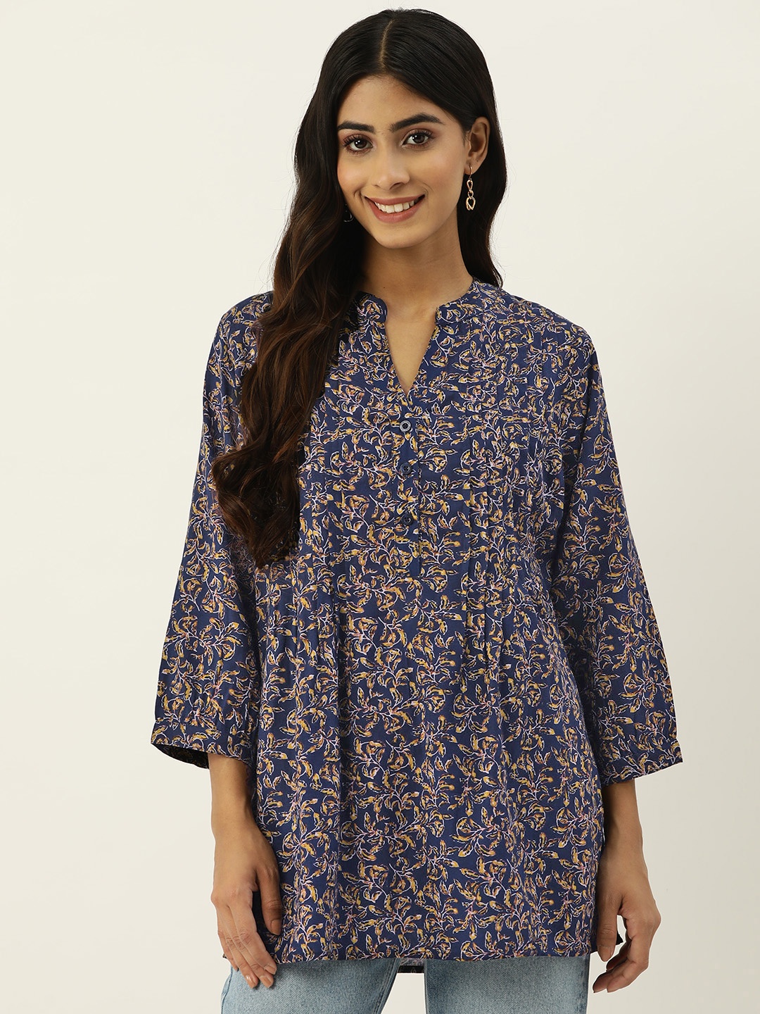 

IX IMPRESSION Floral Print Mandarin Collar Longline Top, Navy blue