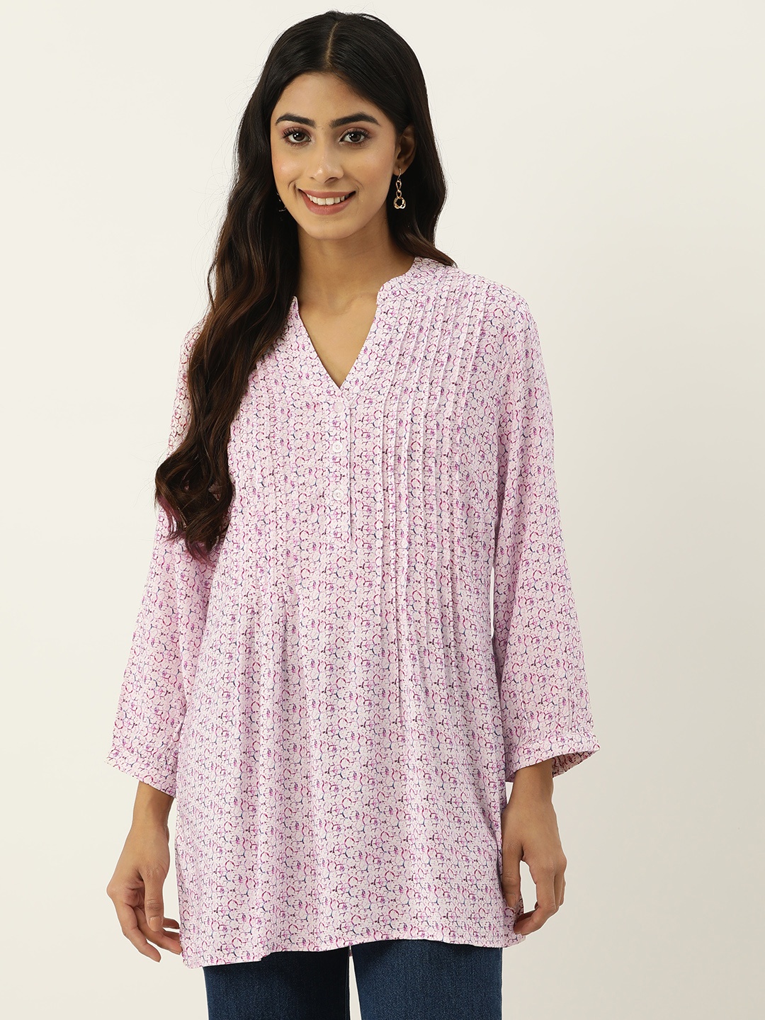 

IX IMPRESSION Abstract Print Mandarin Collar Longline Top, Pink