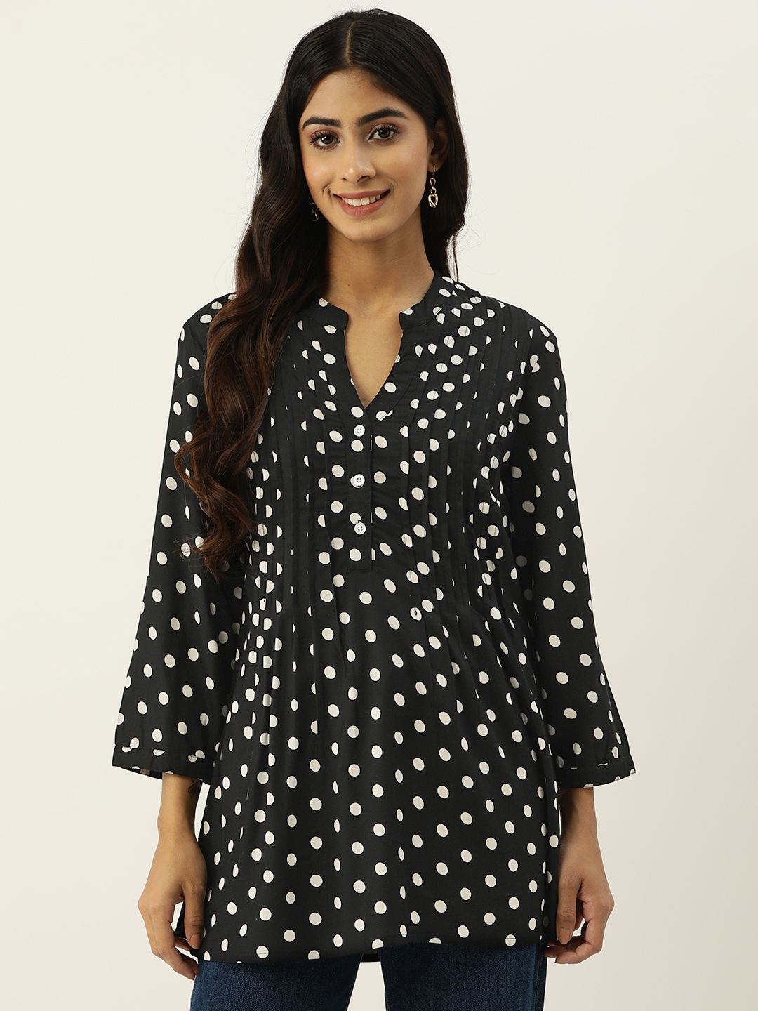 

IX IMPRESSION Polka Dot Print Mandarin Collar Longline Top, Black