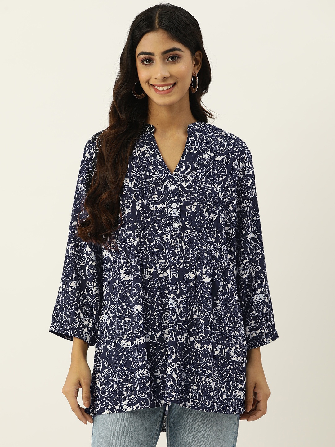 

IX IMPRESSION Floral Print Mandarin Collar Longline Top, Navy blue