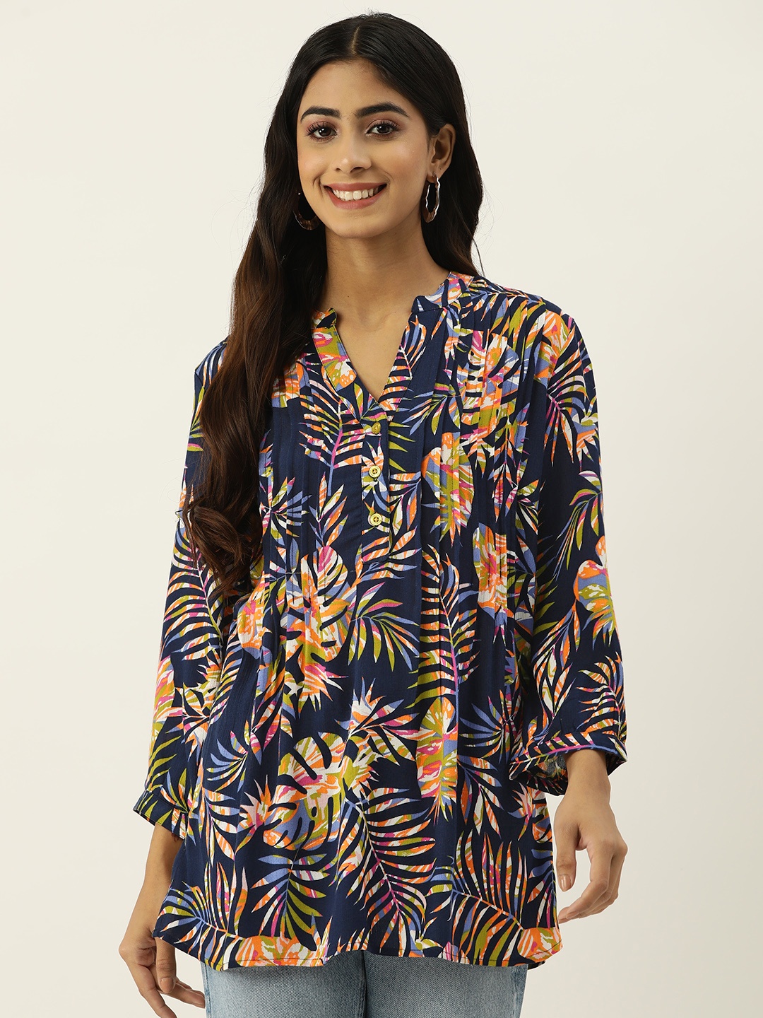 

IX IMPRESSION Tropical Print Mandarin Collar Longline Top, Navy blue