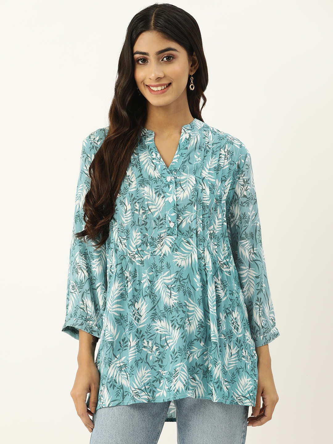

IX IMPRESSION Tropical Print Mandarin Collar Longline Top, Blue