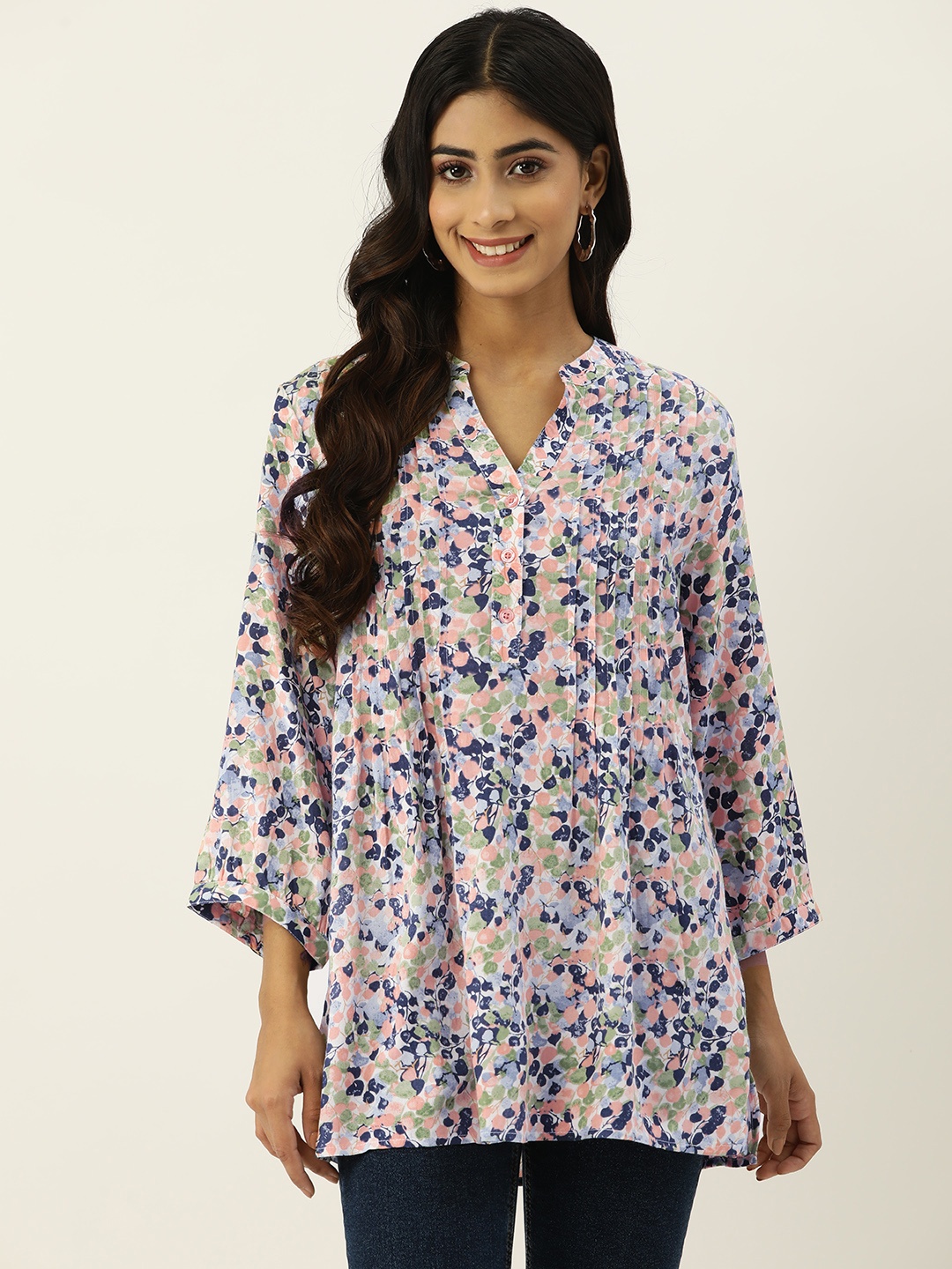 

IX IMPRESSION Floral Print Mandarin Collar Longline Top, Pink