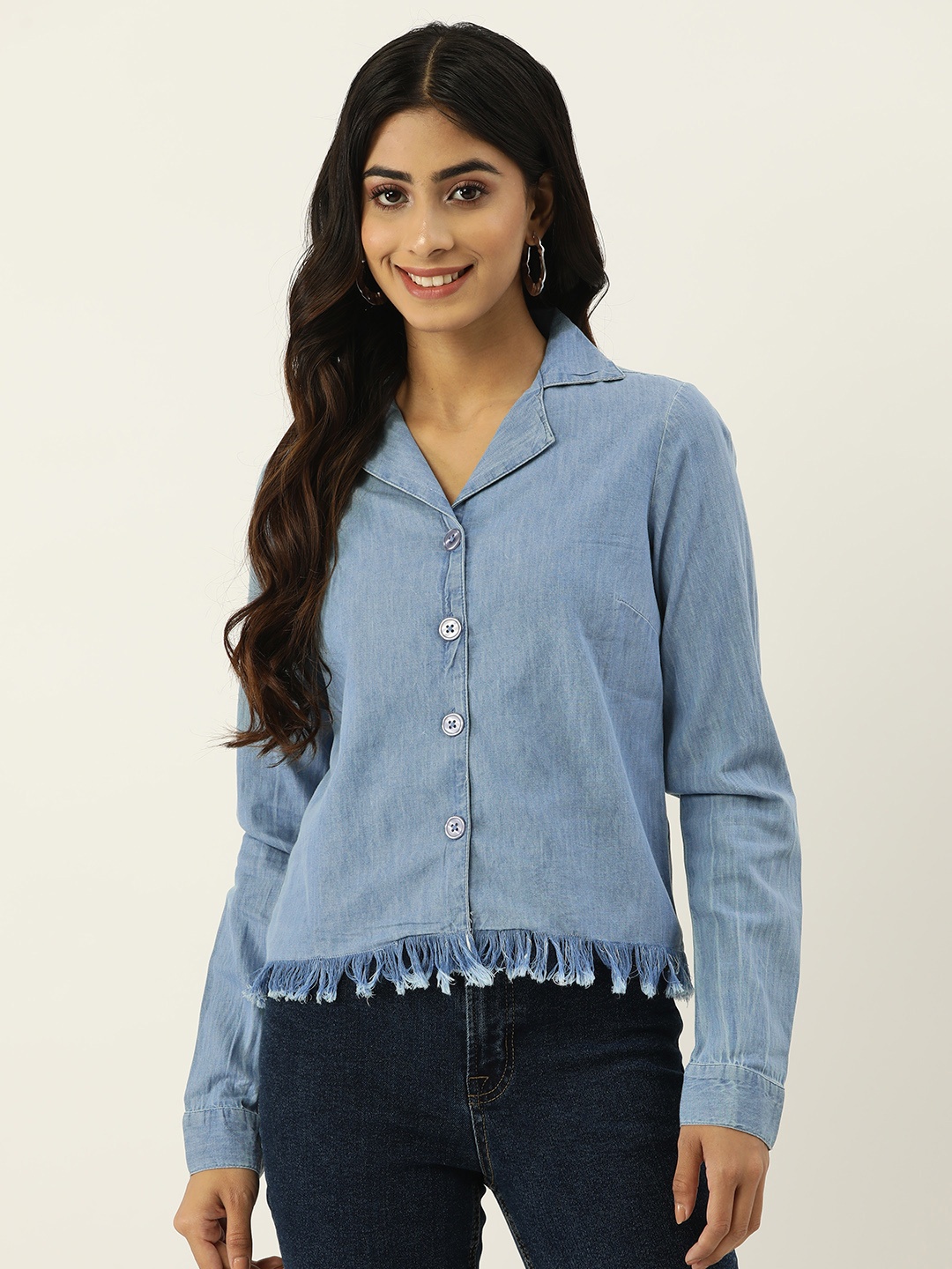 

IX IMPRESSION Embroidered Fringed Pure Cotton Denim Shirt Style Top, Blue