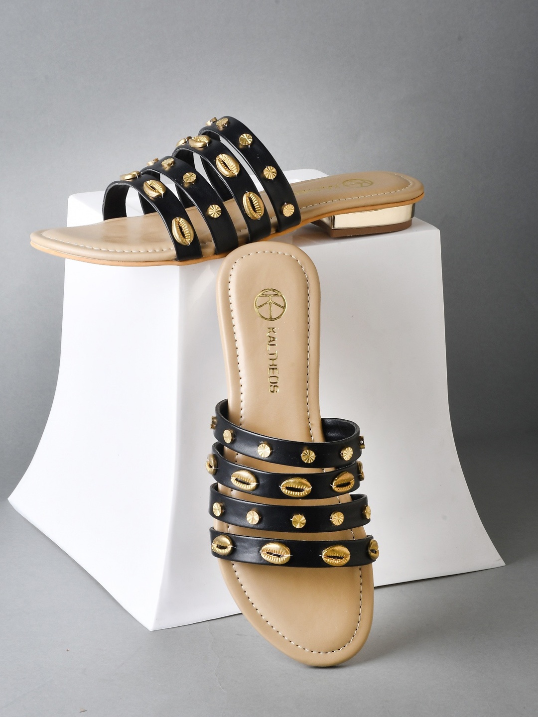 

KALTHEOS Embellished Block Heels, Beige